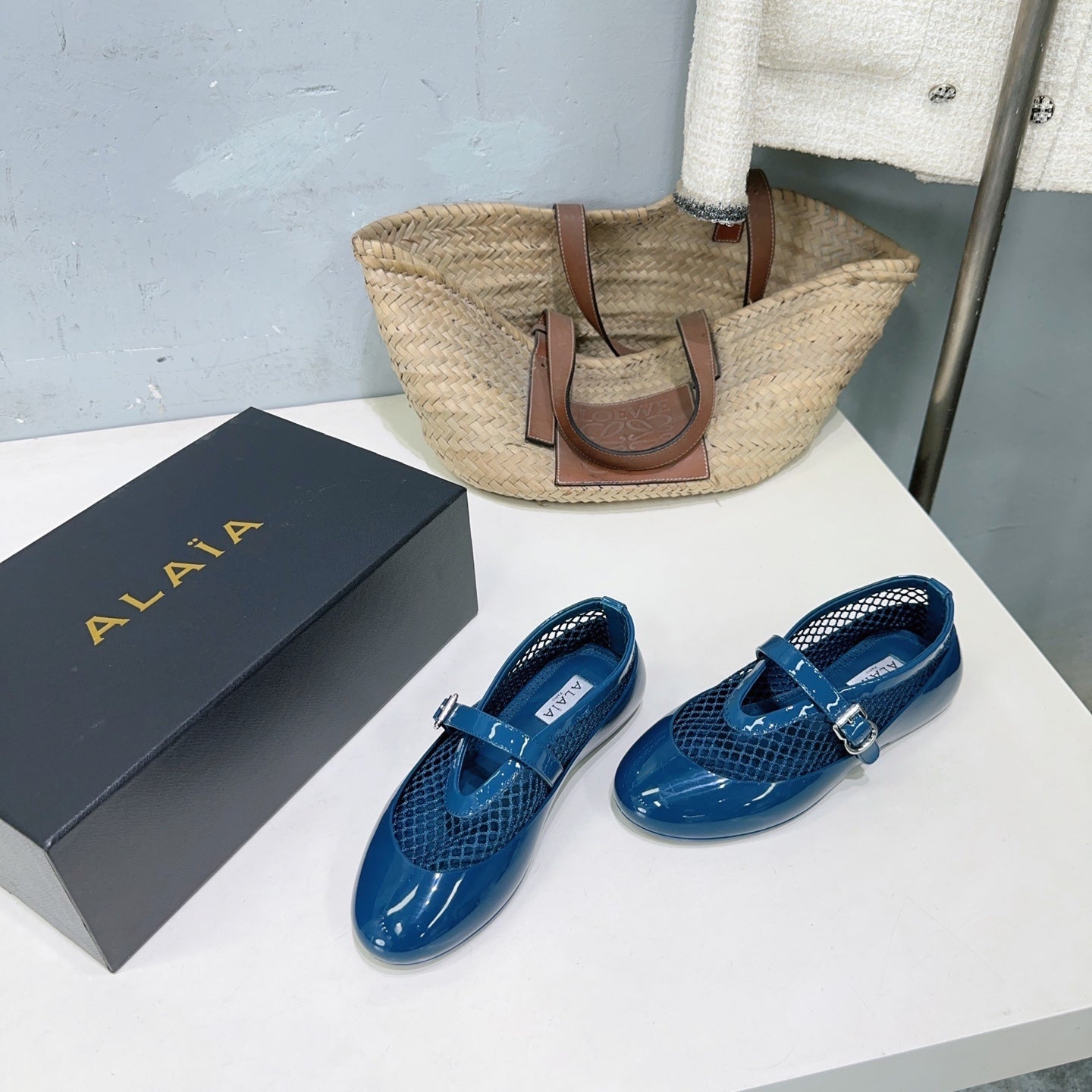 Alaia Ballet Flats Blue Mesh Patent Leather 674312
