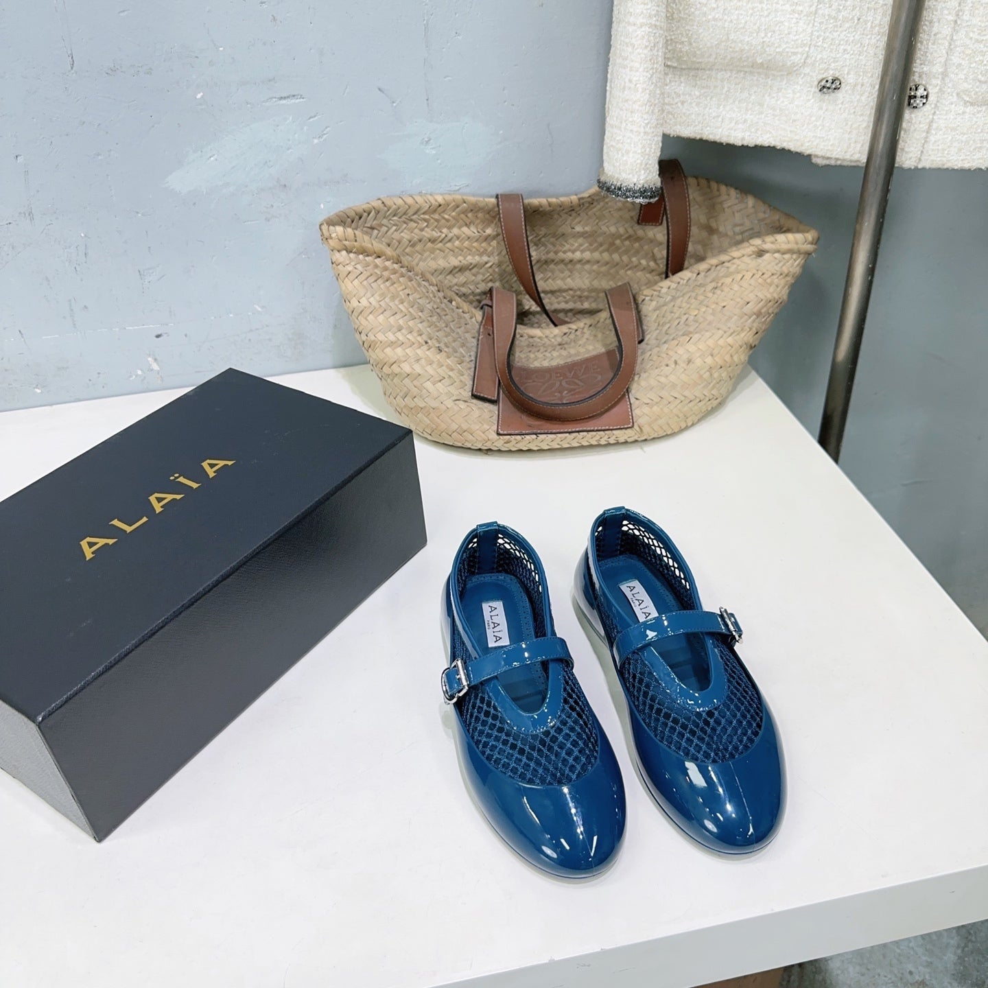 Alaia Ballet Flats Blue Mesh Patent Leather 674312