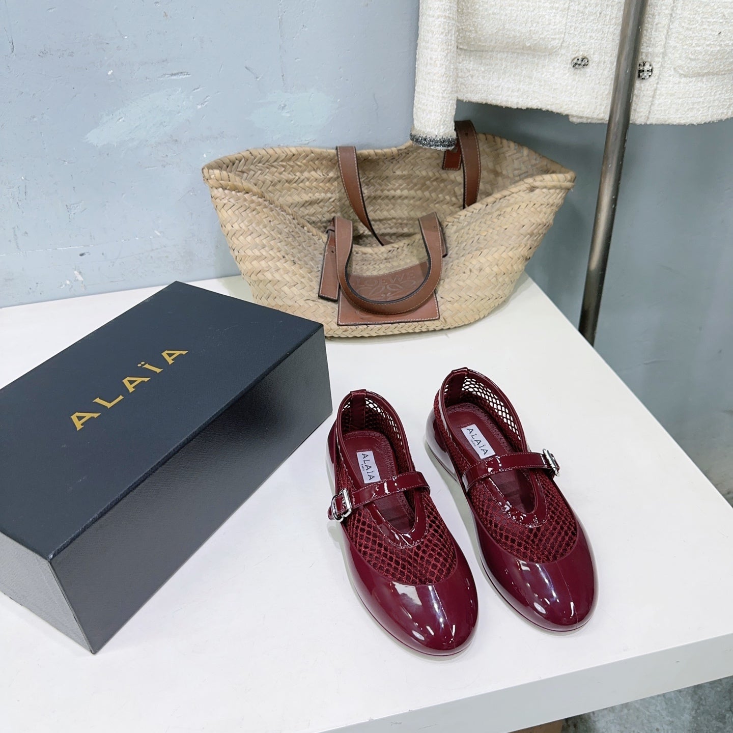 Alaia Ballet Flats Burgundy Mesh Patent Leather 674313