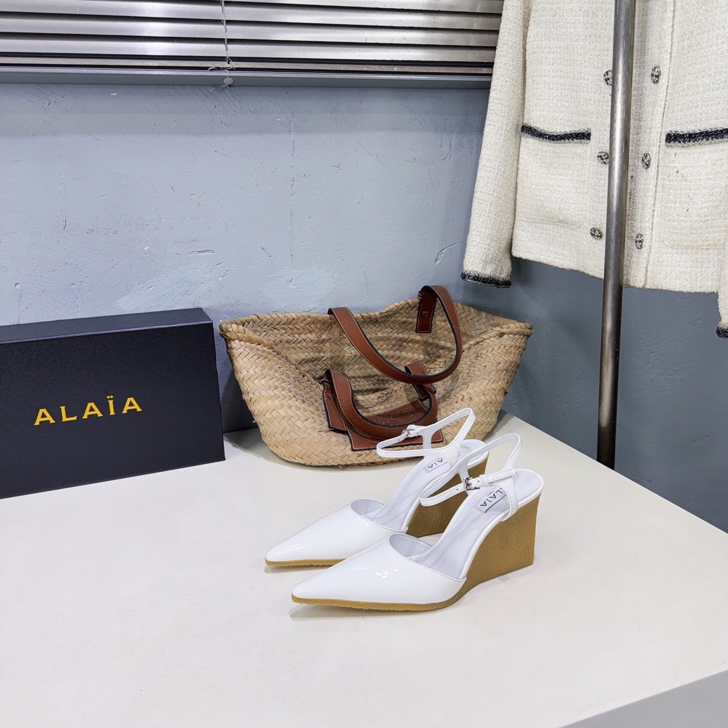 Alaia Wedge Pumps 10cm White Sheepskin 674289