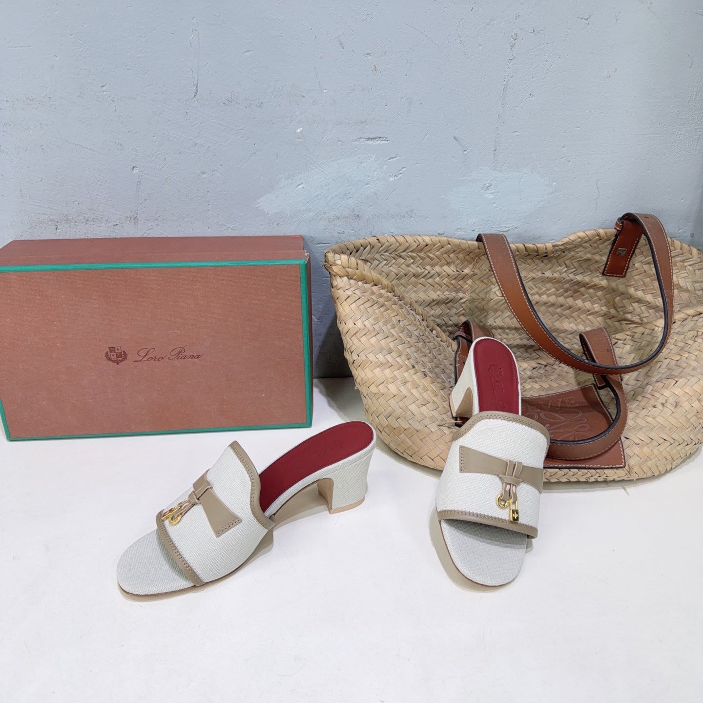 LP Summer Charms Mules 5.5cm White Taupe Leather Canvas 742543