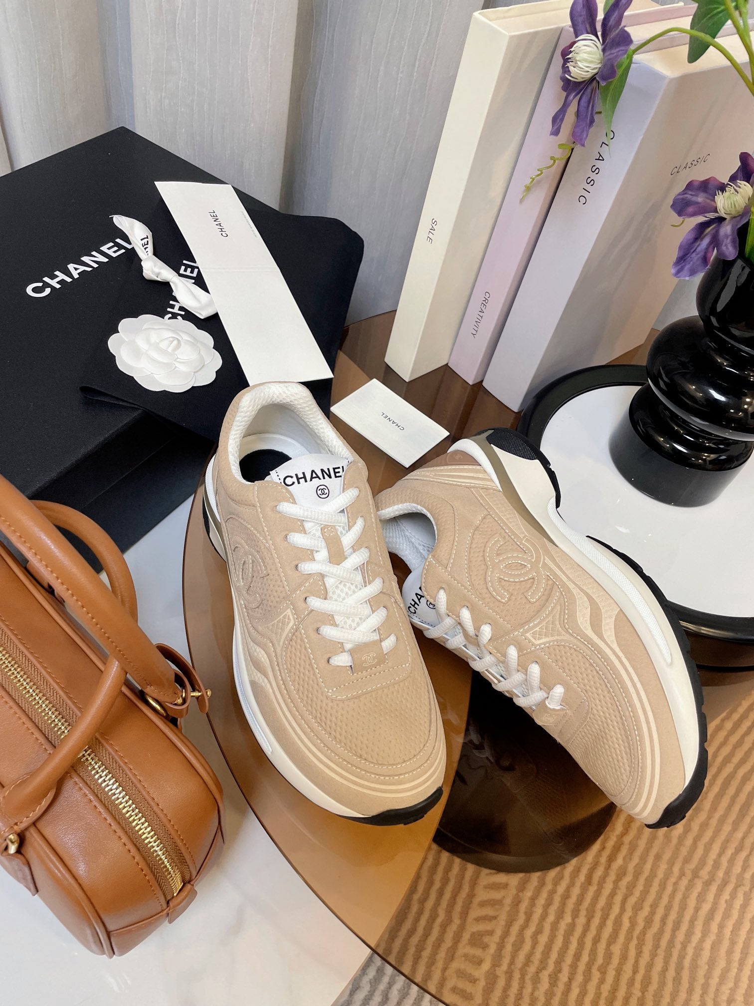 cc classic sneaker beige fabric calfskin