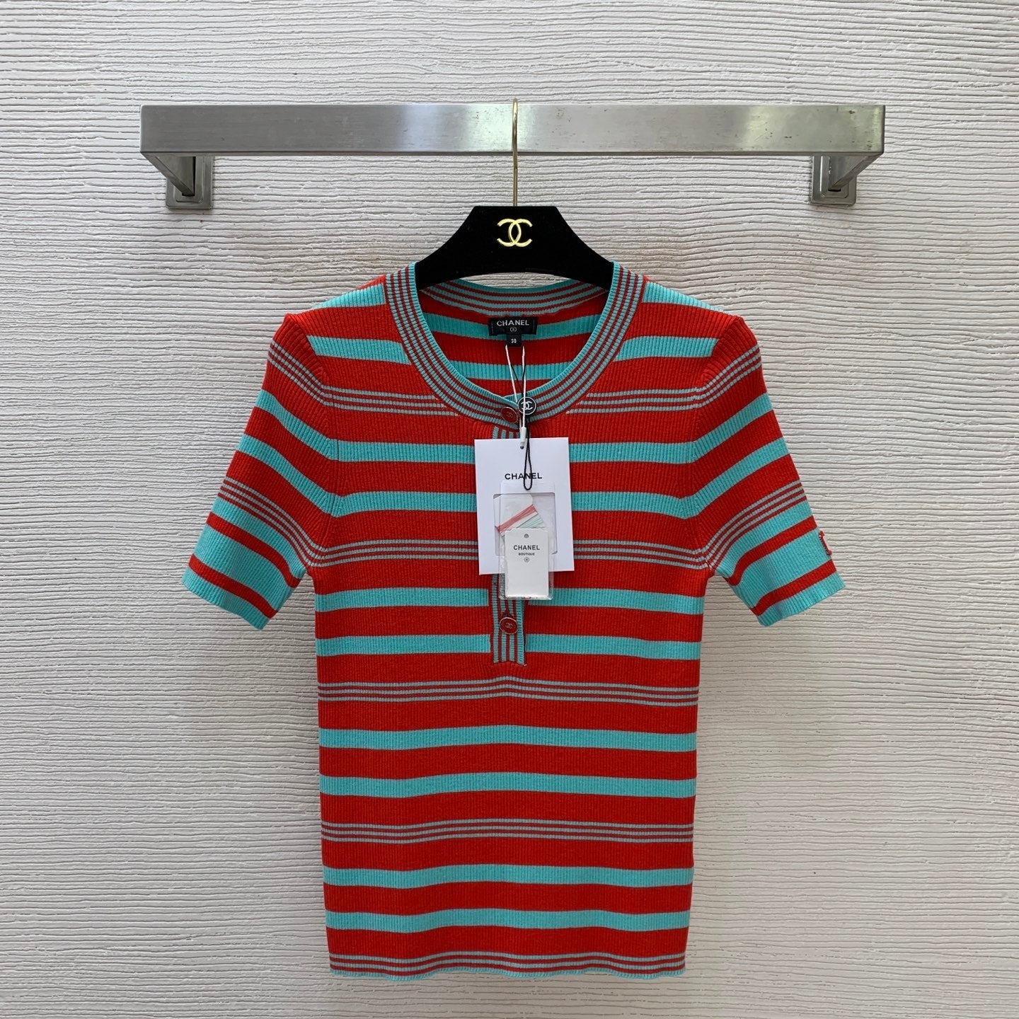 CC Coco Beach 2026 Neck Short-Sleeved Knit Top Red Turquoise Cotton 411909