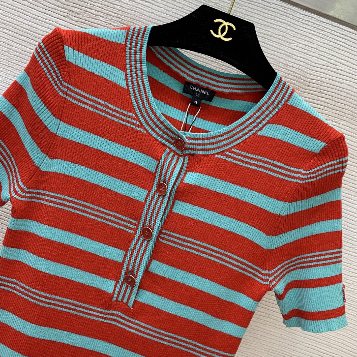 CC Coco Beach 2026 Neck Short-Sleeved Knit Top Red Turquoise Cotton 411909