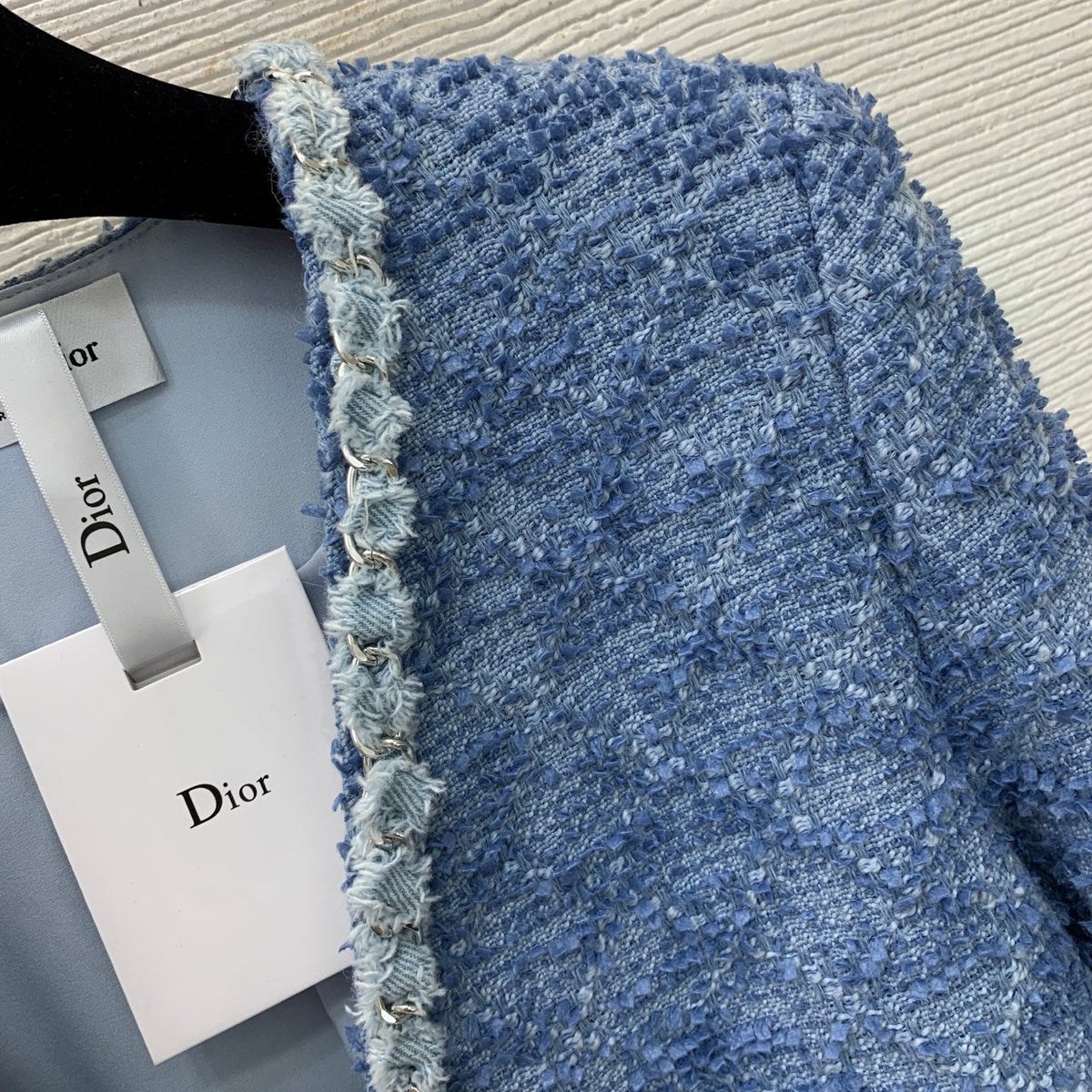 Dior 26s Jacket Tweed V-Neck Chain Sky Blue White 445252
