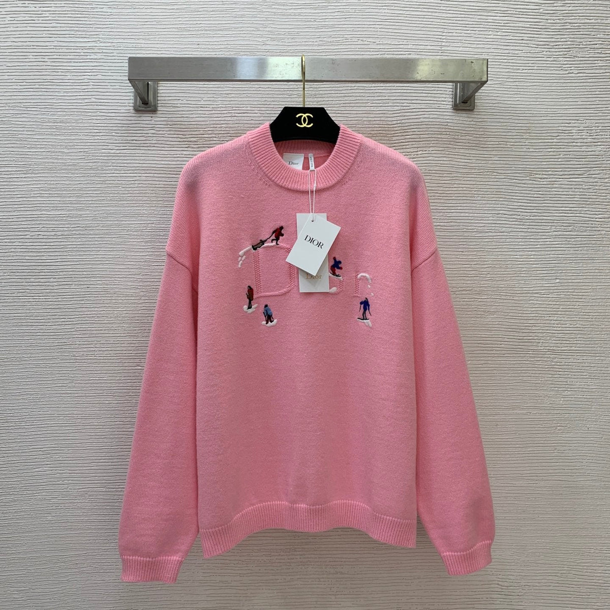 Dior 26s Sweater Oversized Embroidered Skier Pink Wool 445230