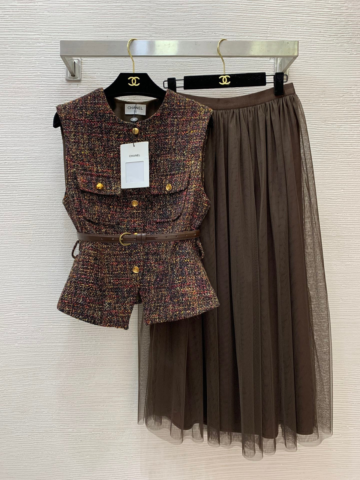 Chanel 26s Dress Set Brown Tweed Mesh 445331