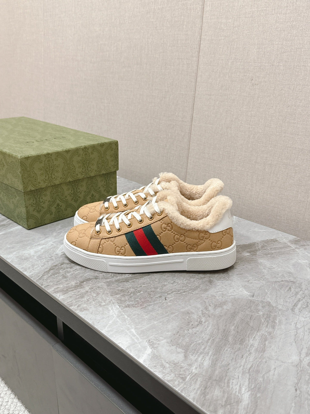Gucci 26s Ace Sneaker With Web In Beige Embossed Suede And Wool Lining