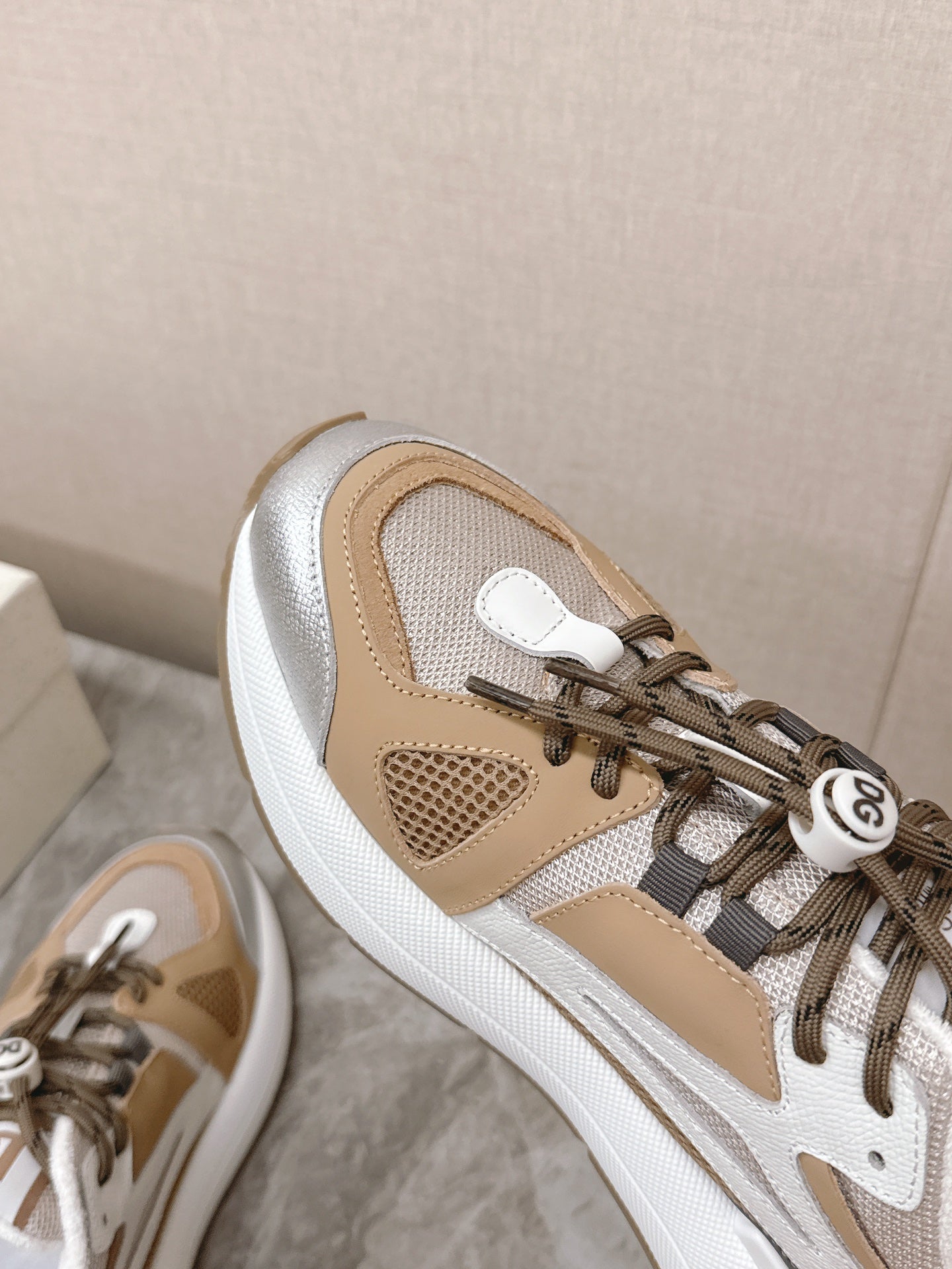 DC Chunky Sneakers Brown White Silver Cowhide & Mesh Lining 339127
