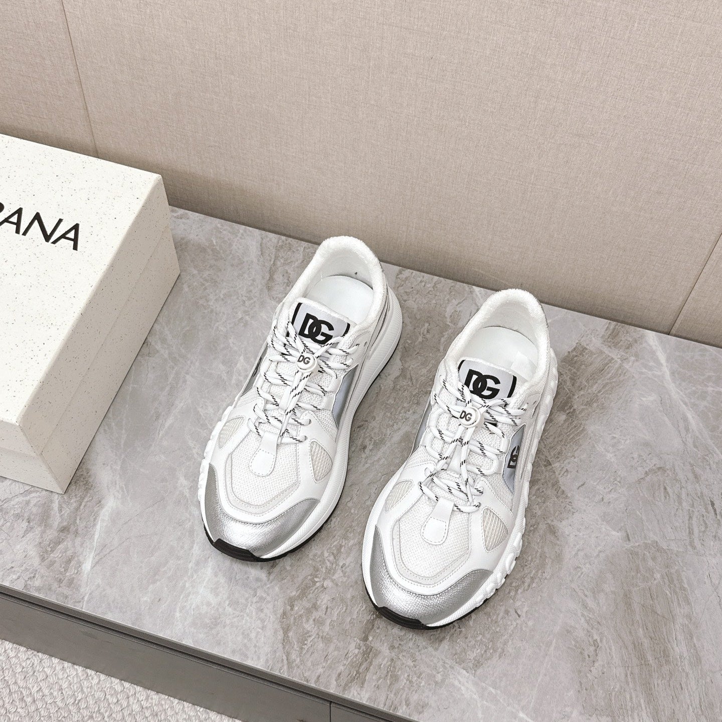 DC Chunky Sneakers White Silver Cowhide & Mesh Lining 339129