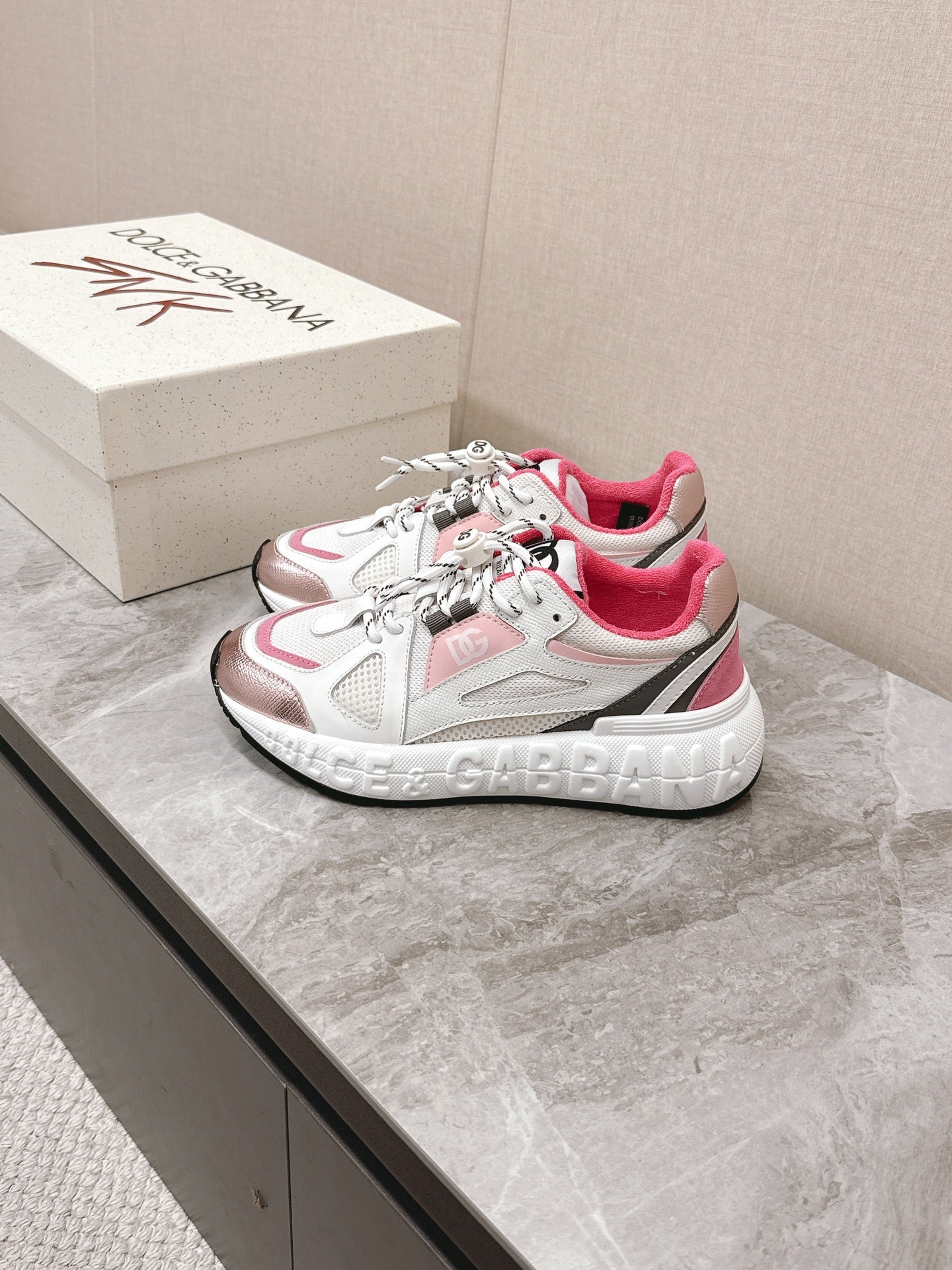 DC Chunky Sneakers White Pink Cowhide & Mesh Lining 339131