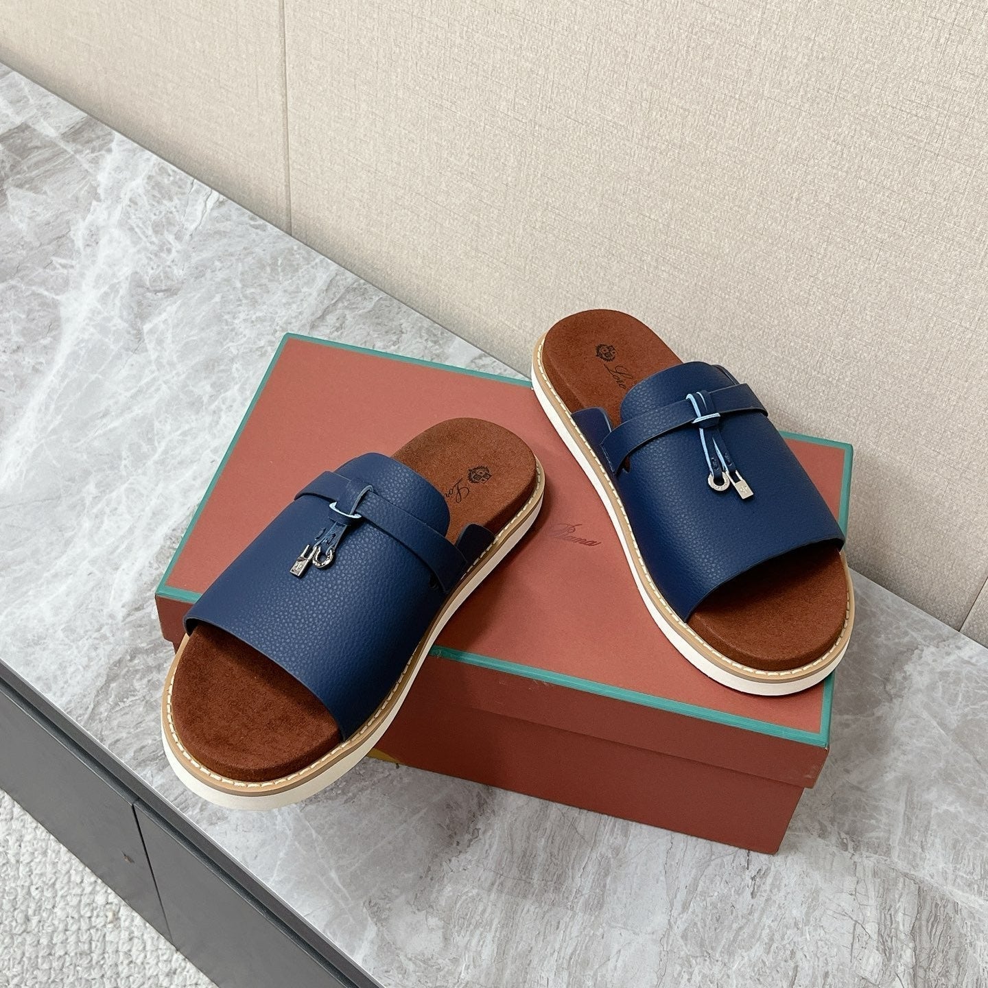 LP 26s Men’s Lock Mule Slides In Dark Blue Calfskin Silver Hardware