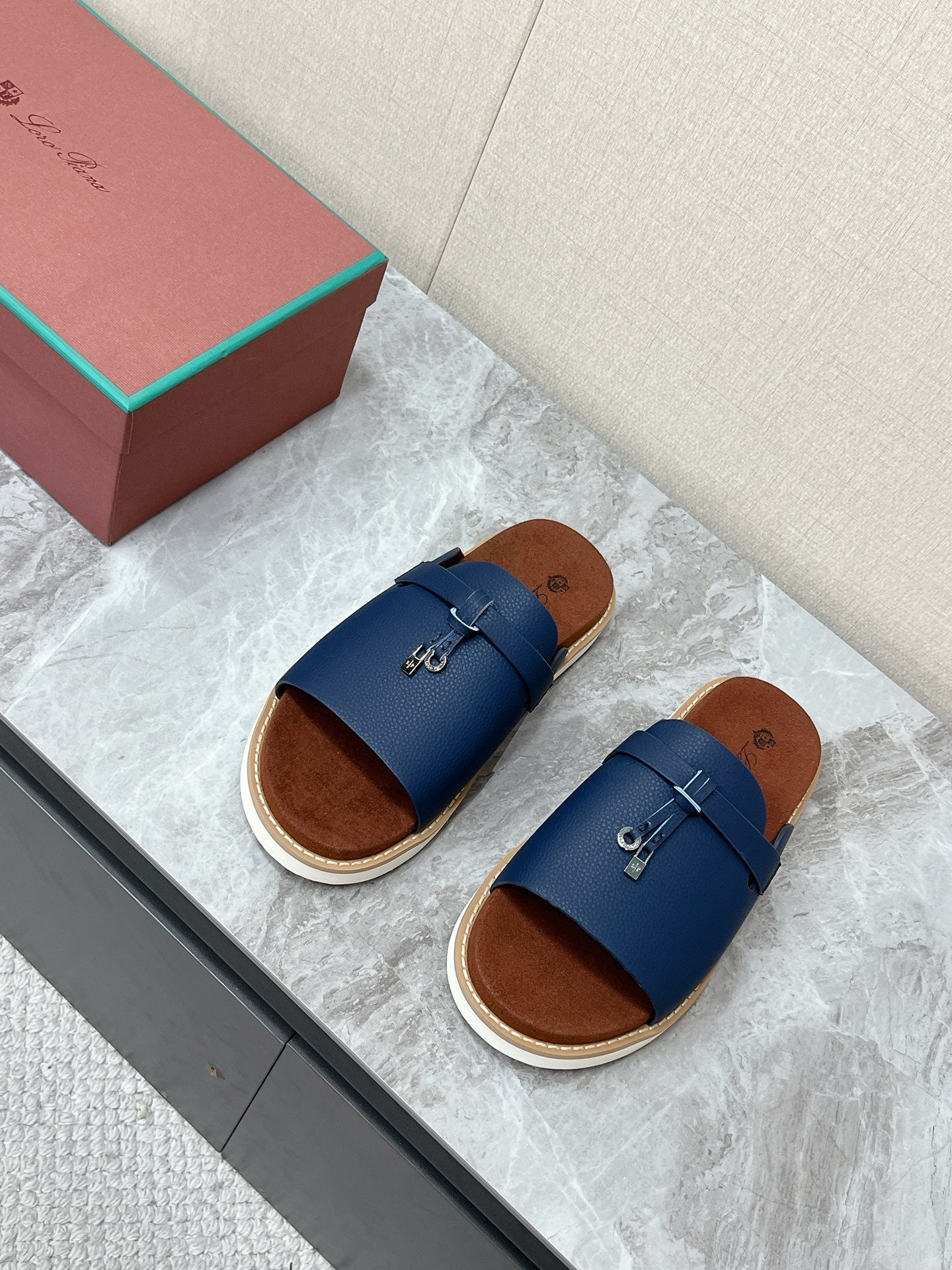 LP 26s Men’s Lock Mule Slides In Dark Blue Calfskin Silver Hardware