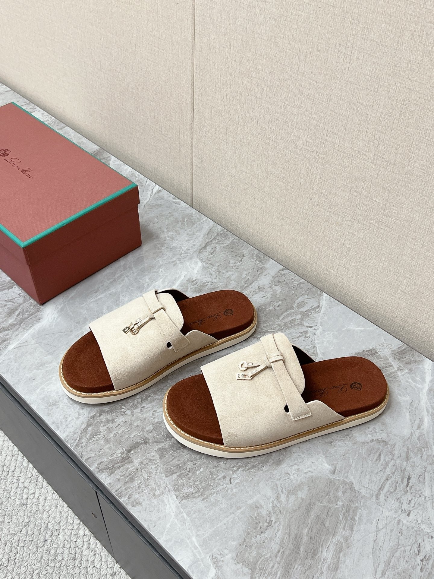 LP 26s Lock Mule Slides In Beige Suede Silver Hardware