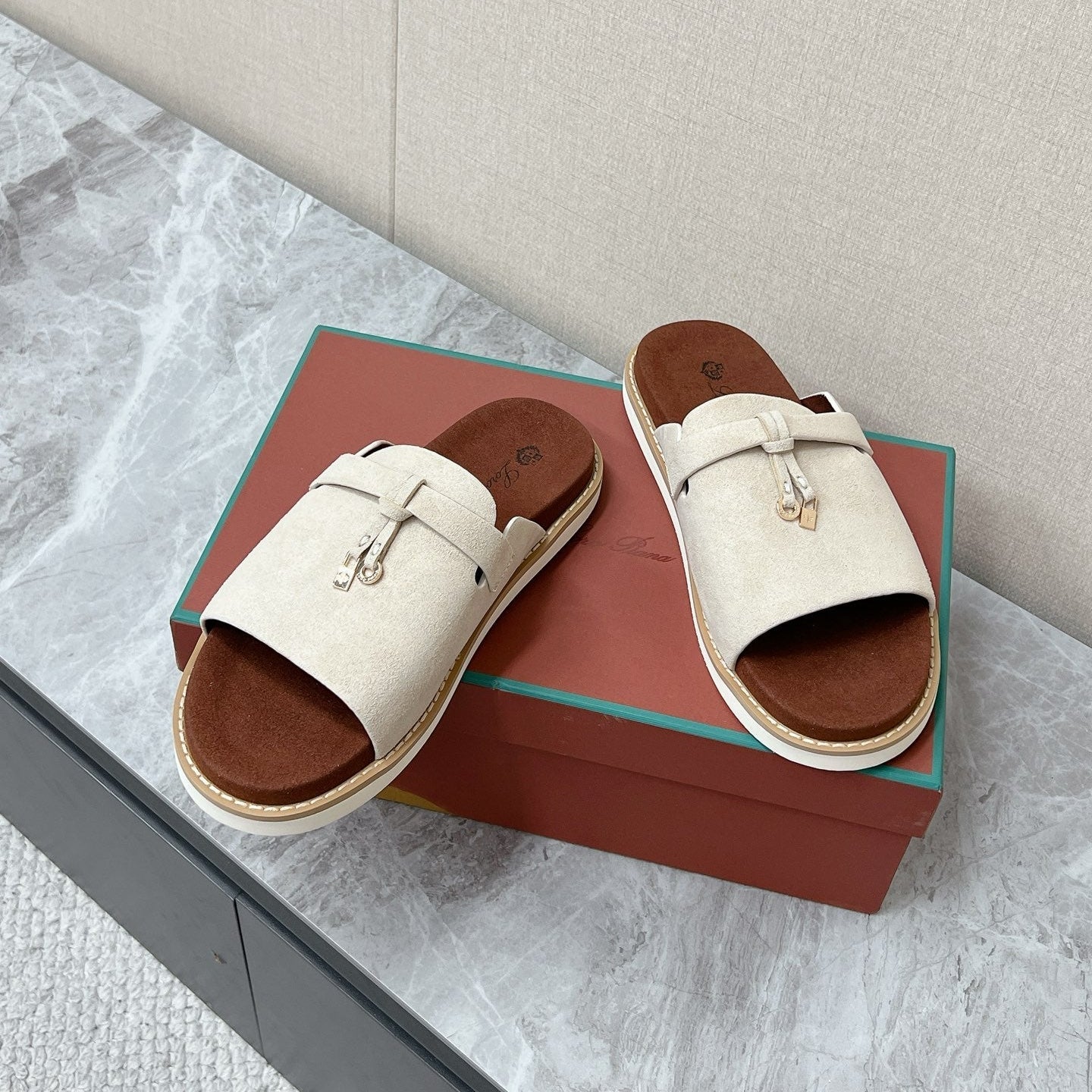 LP 26s Lock Mule Slides In Beige Suede Silver Hardware