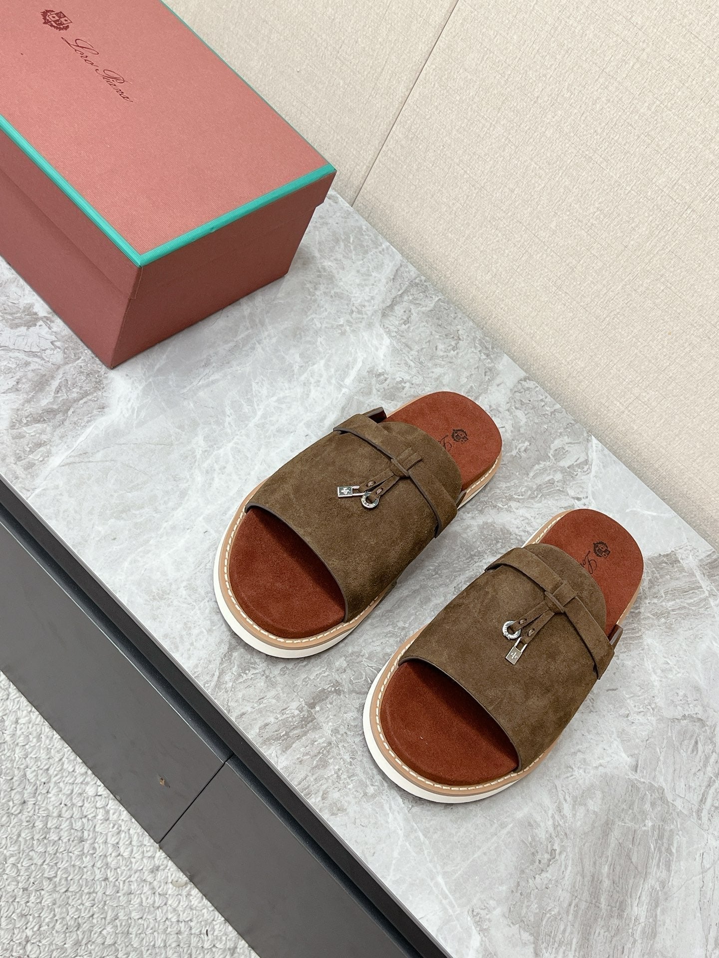 LP 26s Men’s Lock Mule Slides In Olive Brown Suede Silver Hardware