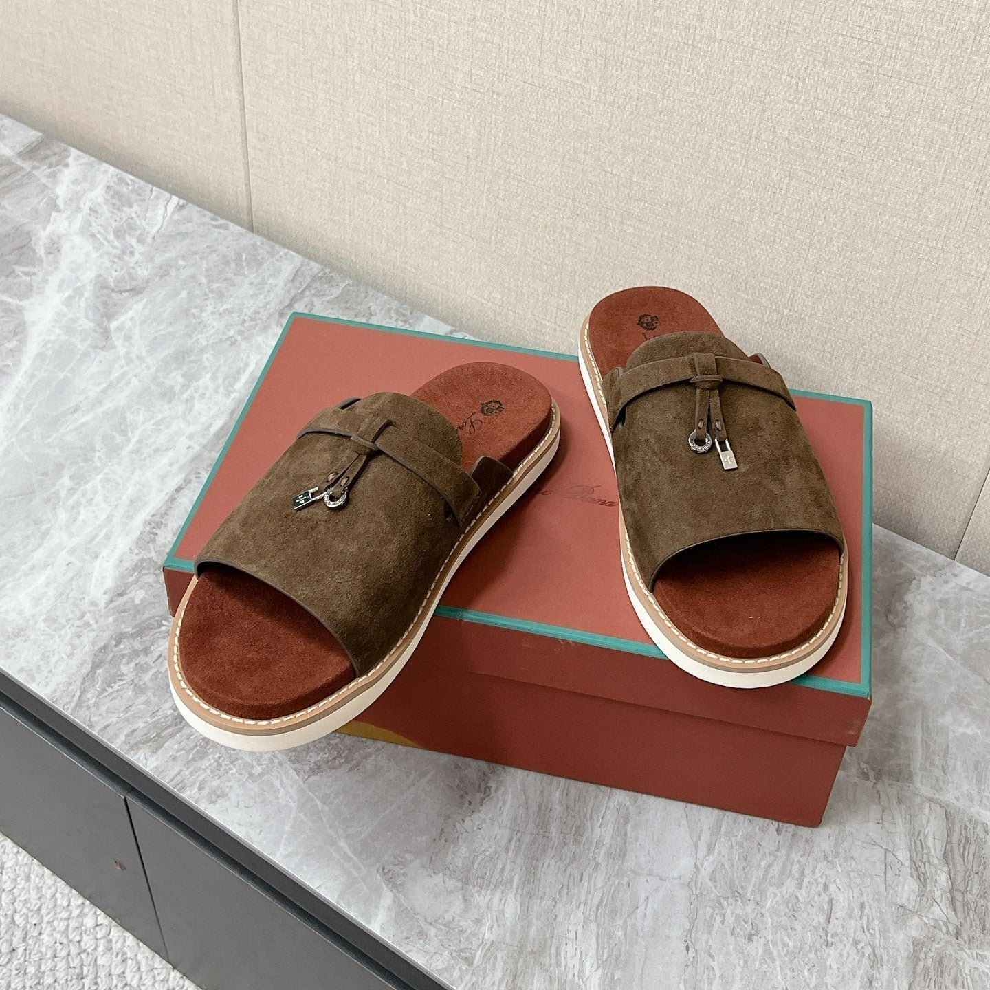 LP 26s Men’s Lock Mule Slides In Olive Brown Suede Silver Hardware