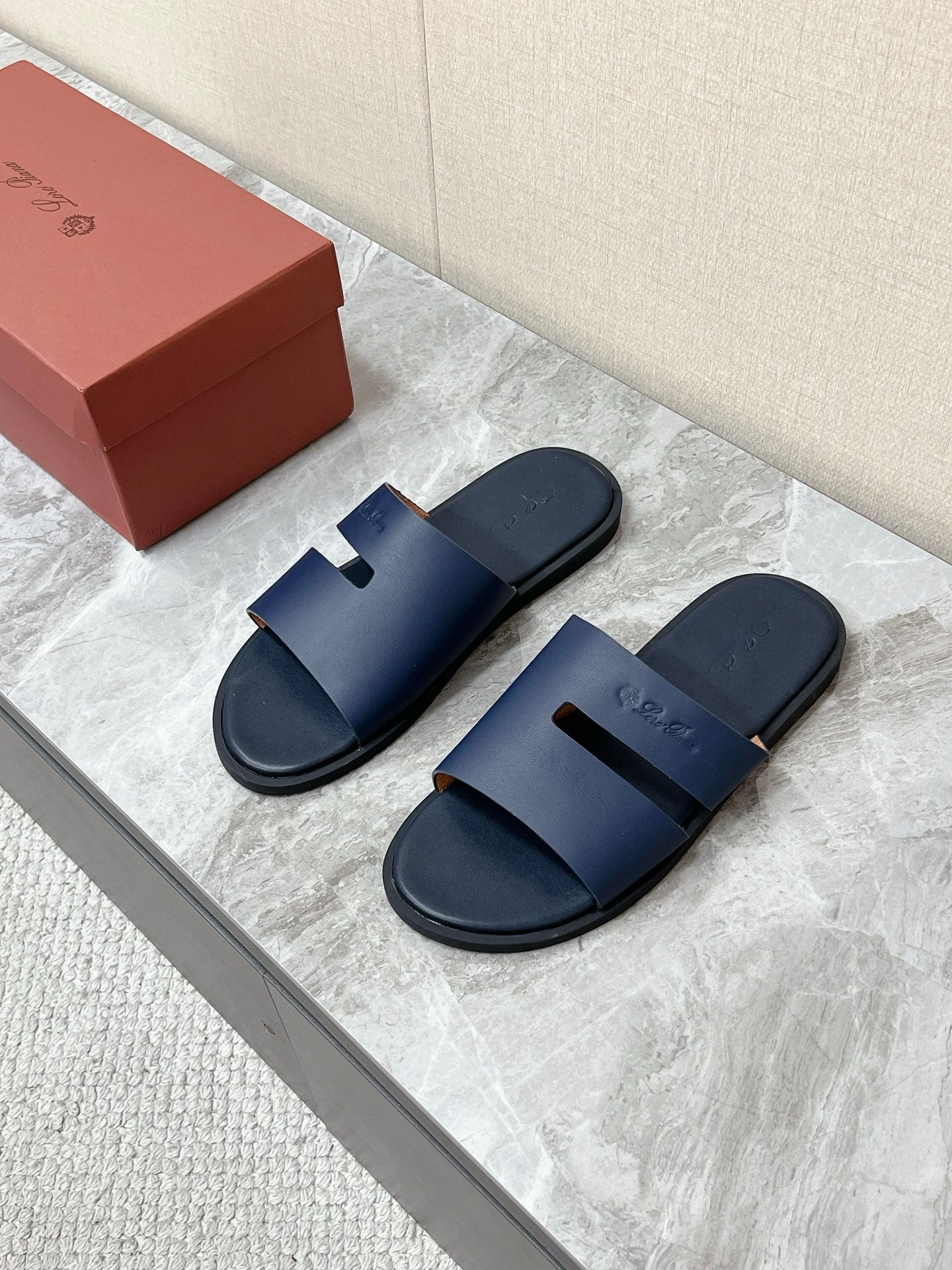 LP 26s Men’s Classic H-Cut Slides In Navy Blue Calfskin