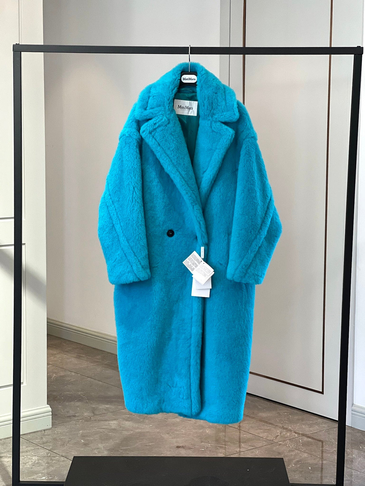 Max Mara 26s Teddy Bear Long Coat Turquoise Alpaca Wool Silk 429235