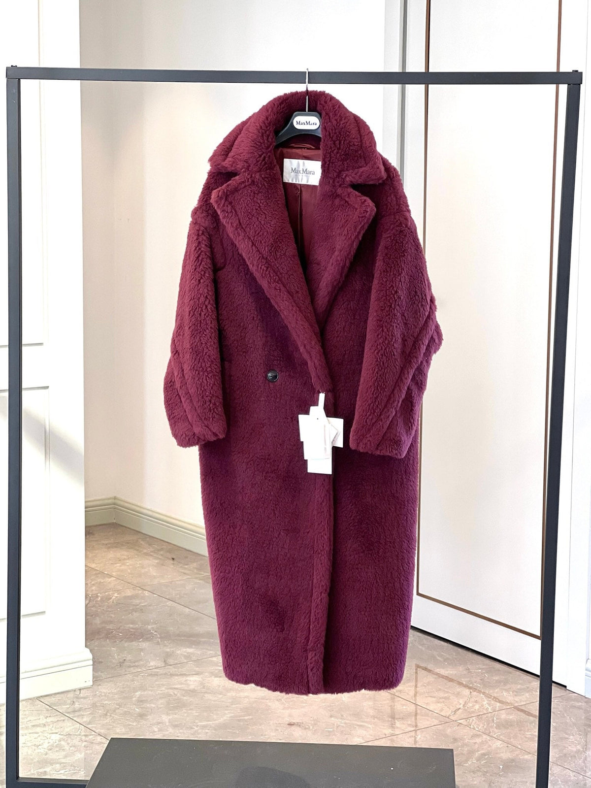 Max Mara 26s Teddy Bear Long Coat Burgundy Alpaca Wool Silk 429249
