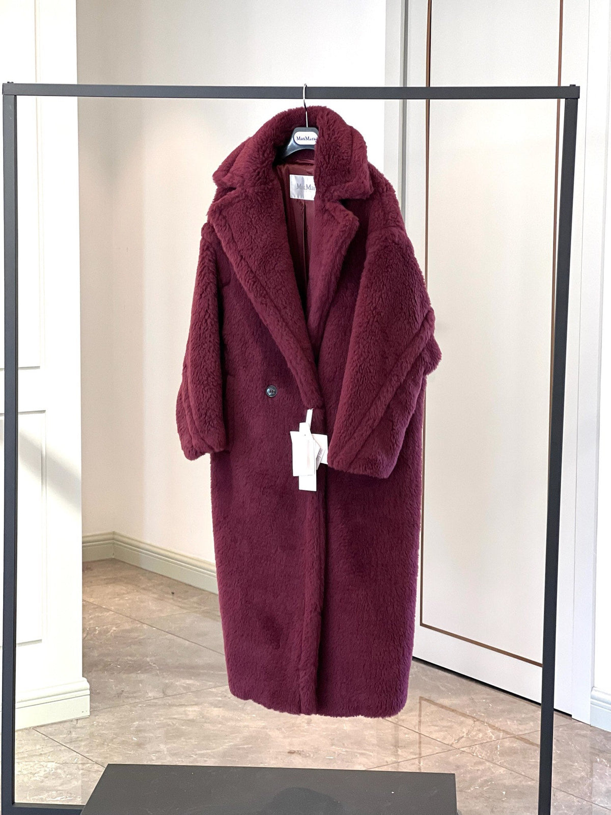 Max Mara 26s Teddy Bear Long Coat Burgundy Alpaca Wool Silk 429249