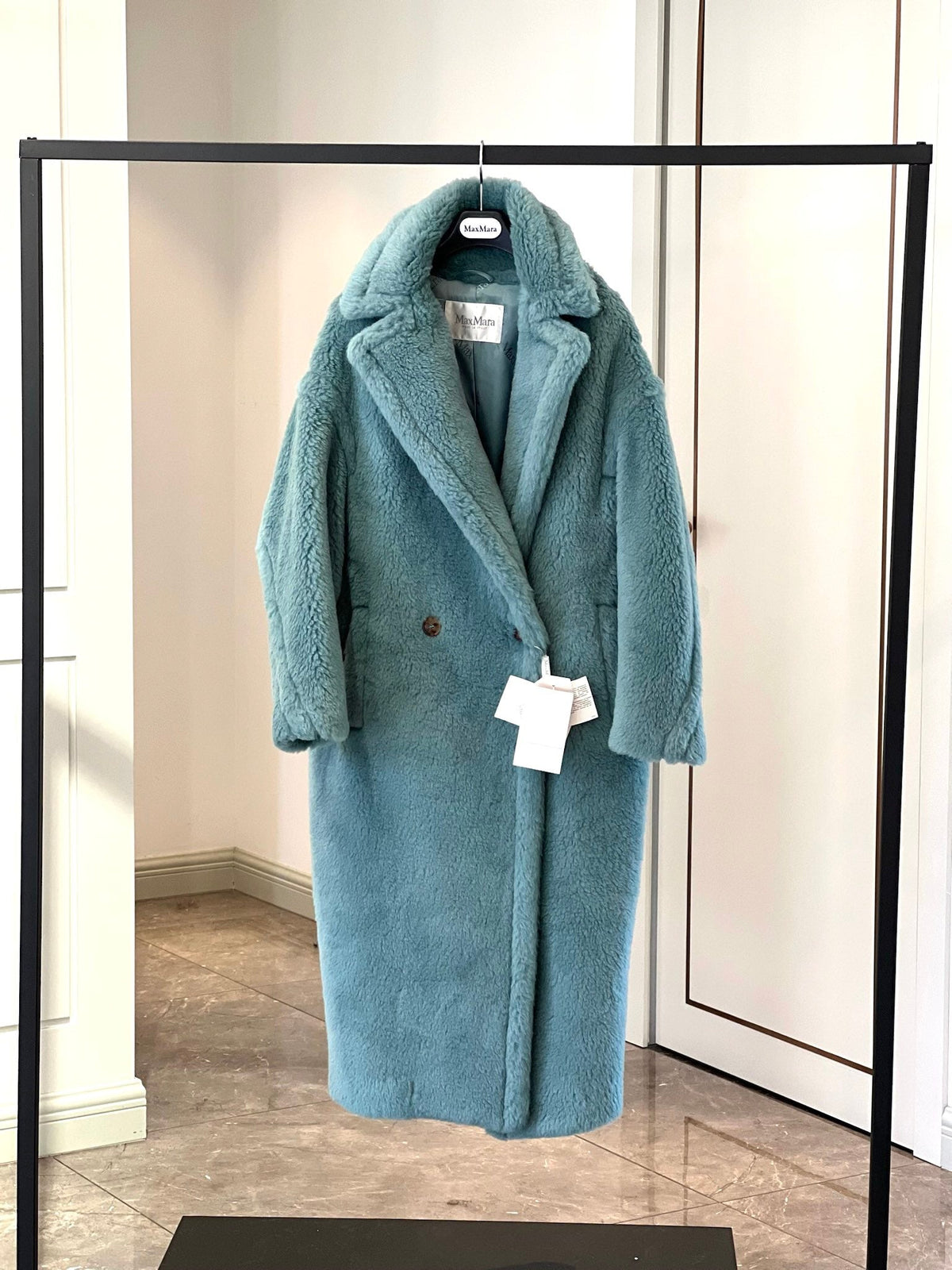 Max Mara Teddy Bear Icon Long Coat Sage Green Alpaca Wool Silk 429223