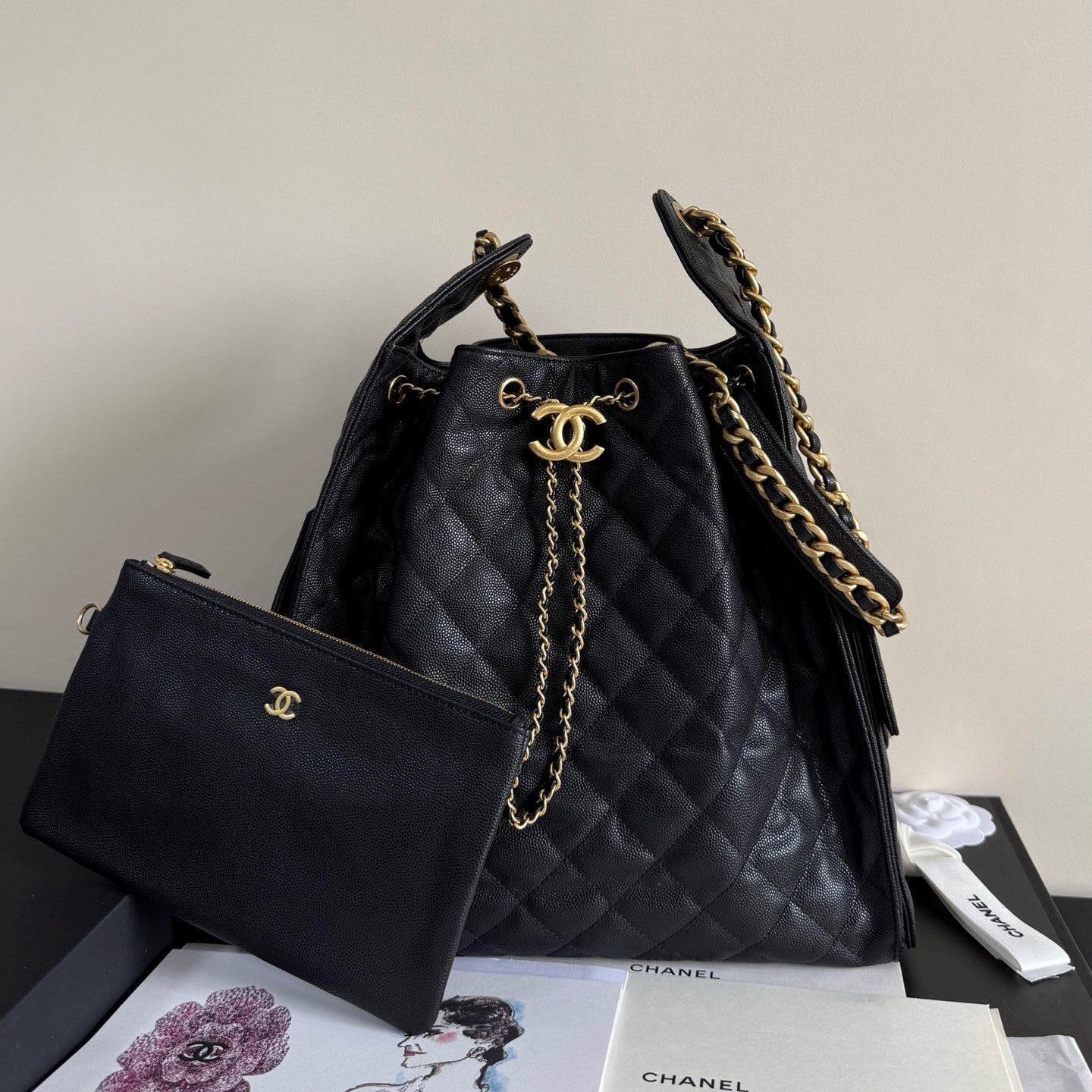 CC 25 Hobo Bag 30cm Black Grained Calfskin Leather GHW 282473