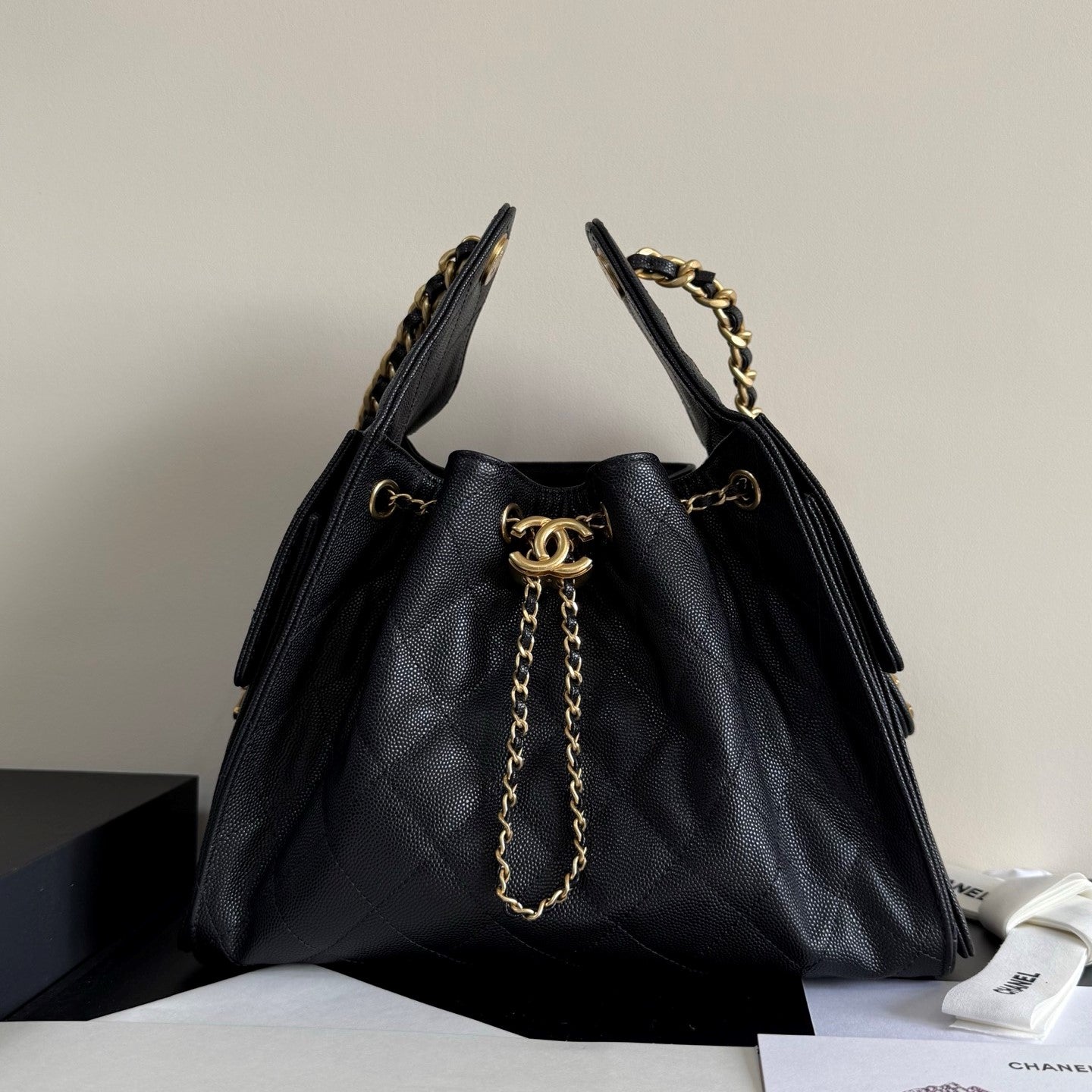 CC 25 Hobo Bag 26cm Black Grained Calfskin Leather GHW 282478