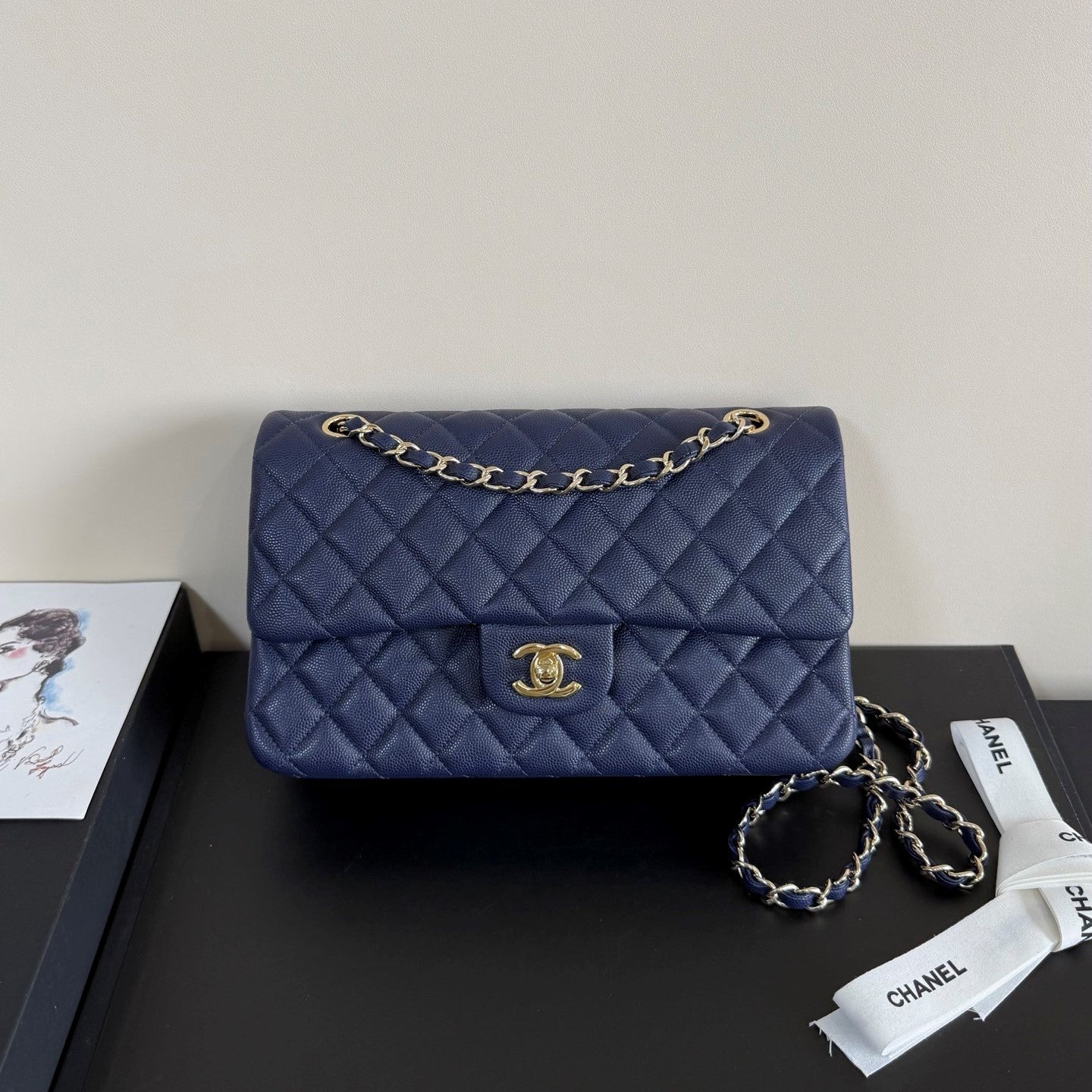 CC Classic Double Flap Bag 25cm Navy Blue Caviar Leather