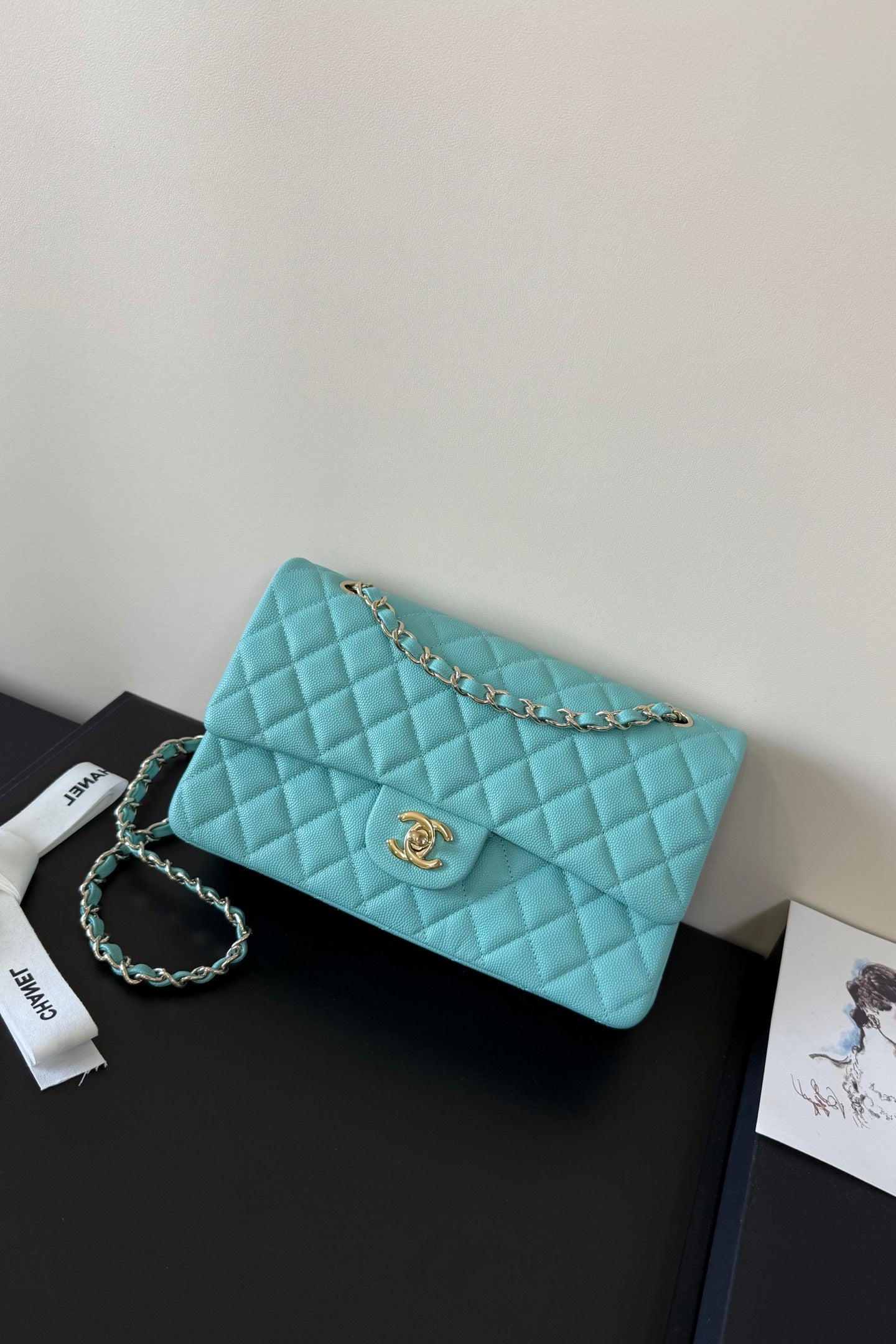 CC Classic Double Flap Bag 25cm Sky Blue Caviar Leather