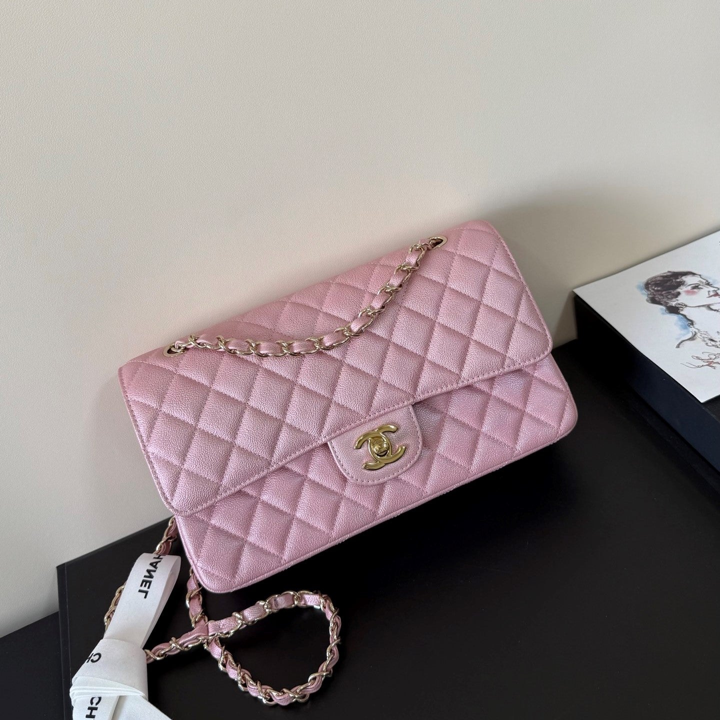 CC Classic Double Flap Bag 25cm PInk Caviar Leather