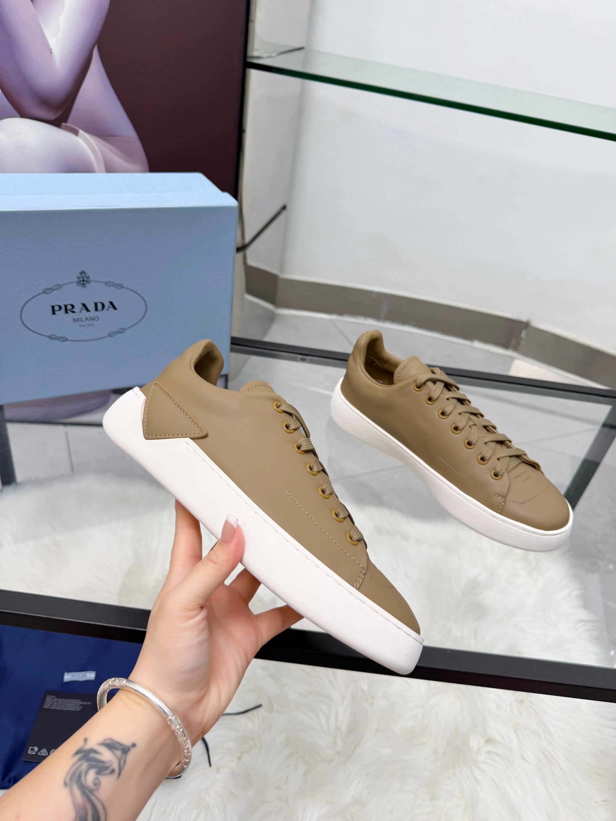 Prada 26s Court Sneakers Taupe Leather 838036