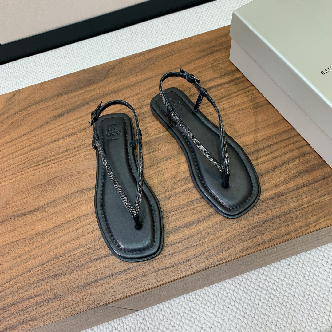 Brunello Cucinelli Flat Sandals Black Leather 934694