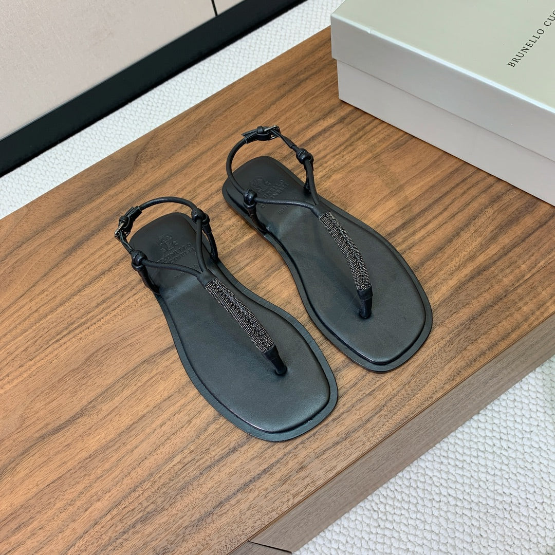Brunello Cucinelli Flat Sandals Black Leather  934696