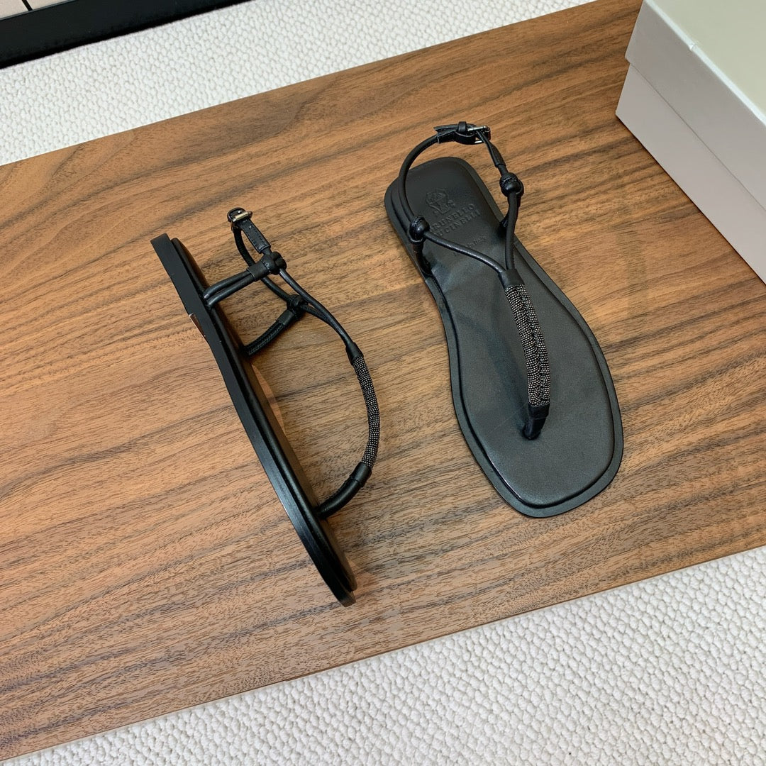 Brunello Cucinelli Flat Sandals Black Leather  934696