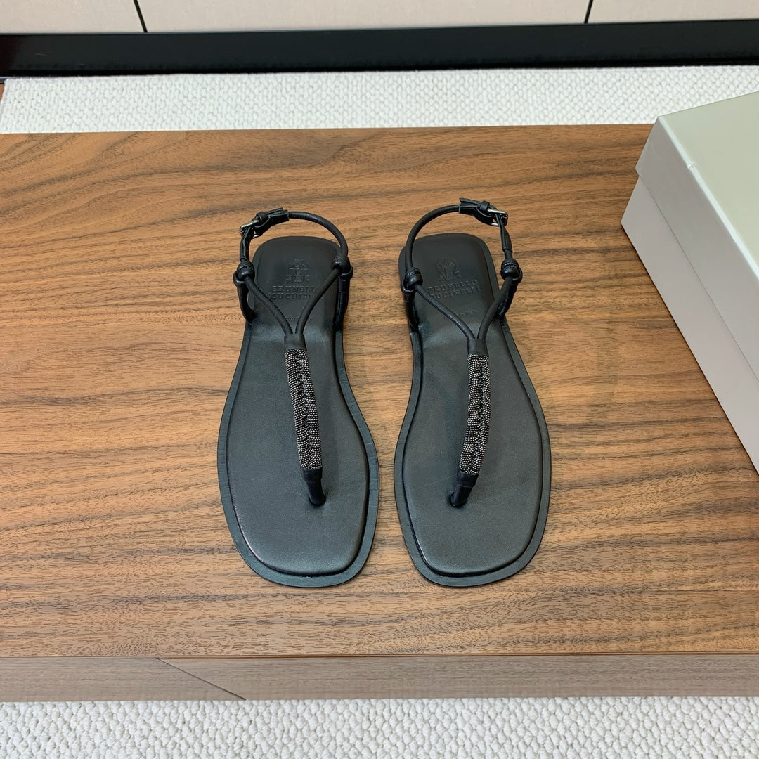 Brunello Cucinelli Flat Sandals Black Leather  934696