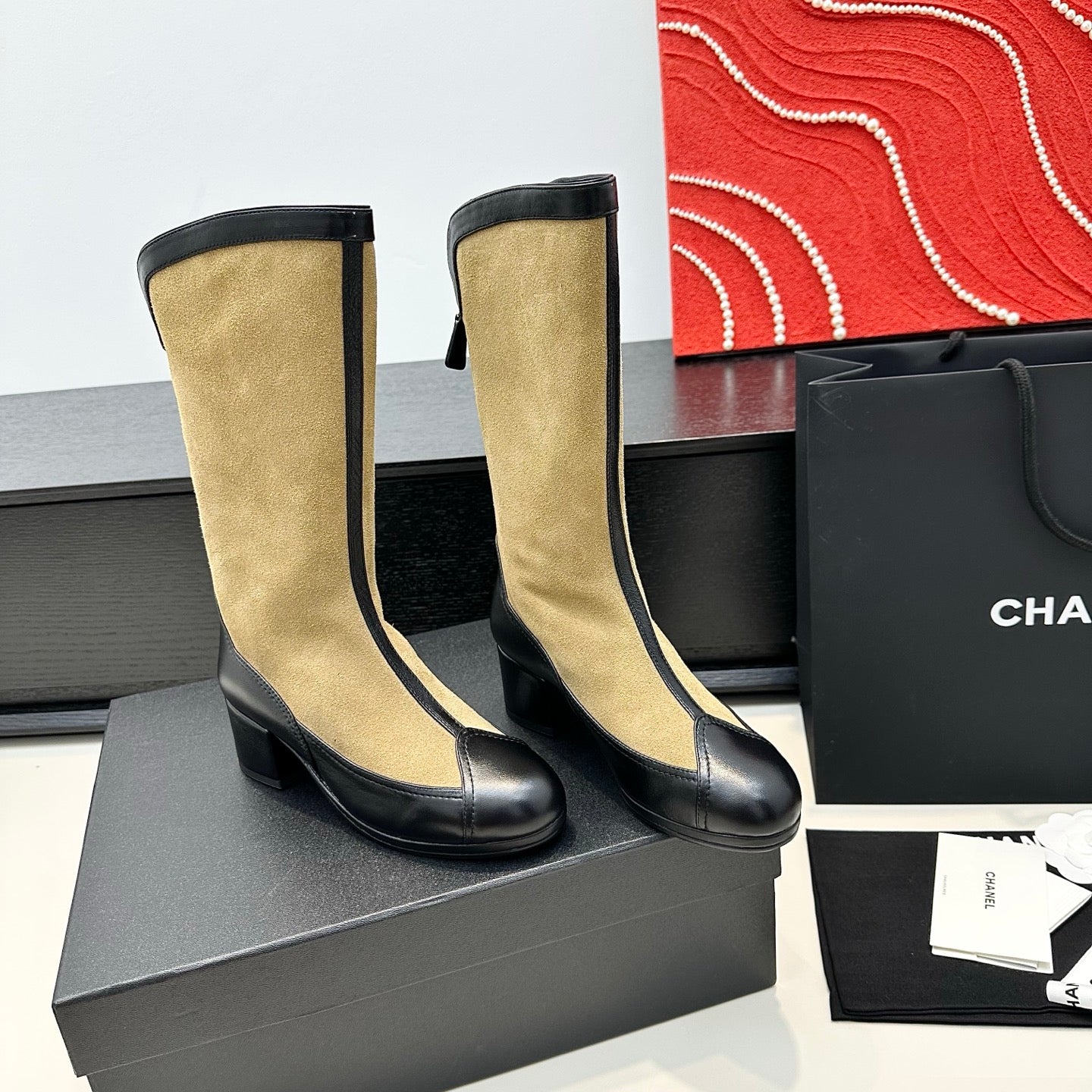 CC 25th Métiers d’art High Boots 55mm Black Beige Suede & Cowhide 413021
