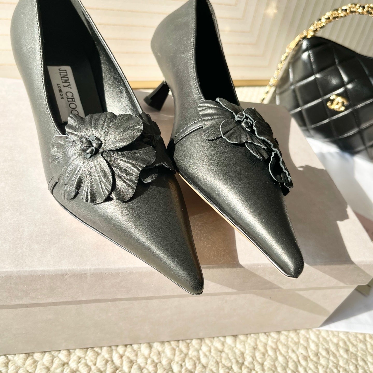 Jimmy Choo Skye Corsage Pump 4.5cm Black Sheepskin 669842