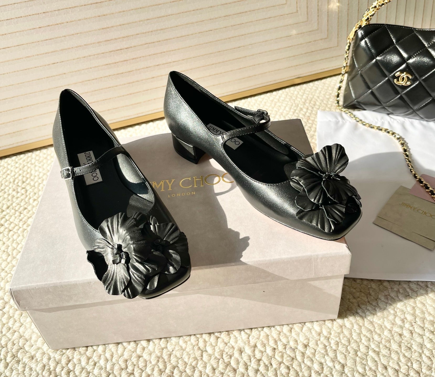 Jimmy Choo Skye Corsage Ballet Flat Black Sheepskin 669845