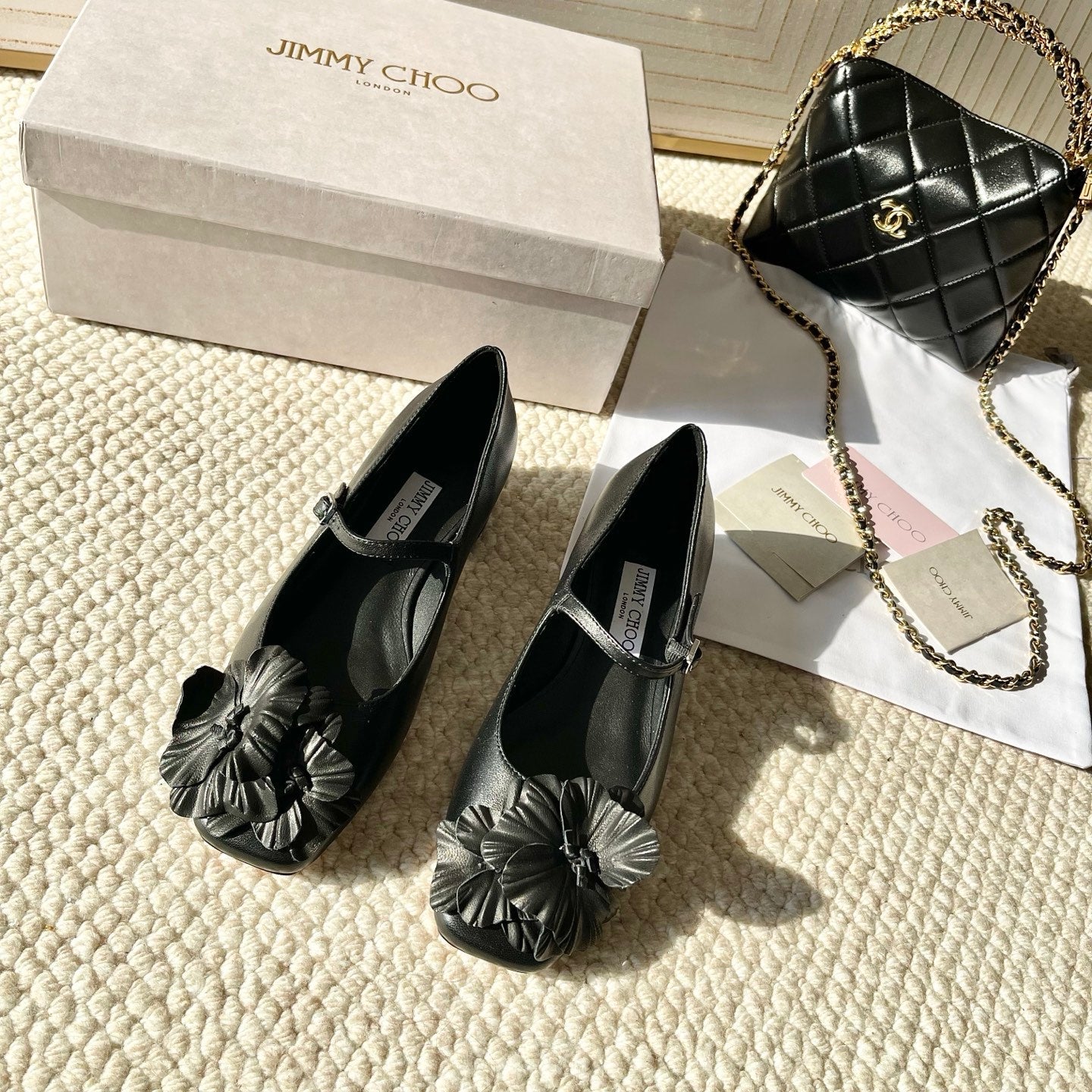 Jimmy Choo Skye Corsage Ballet Flat Black Sheepskin 669845
