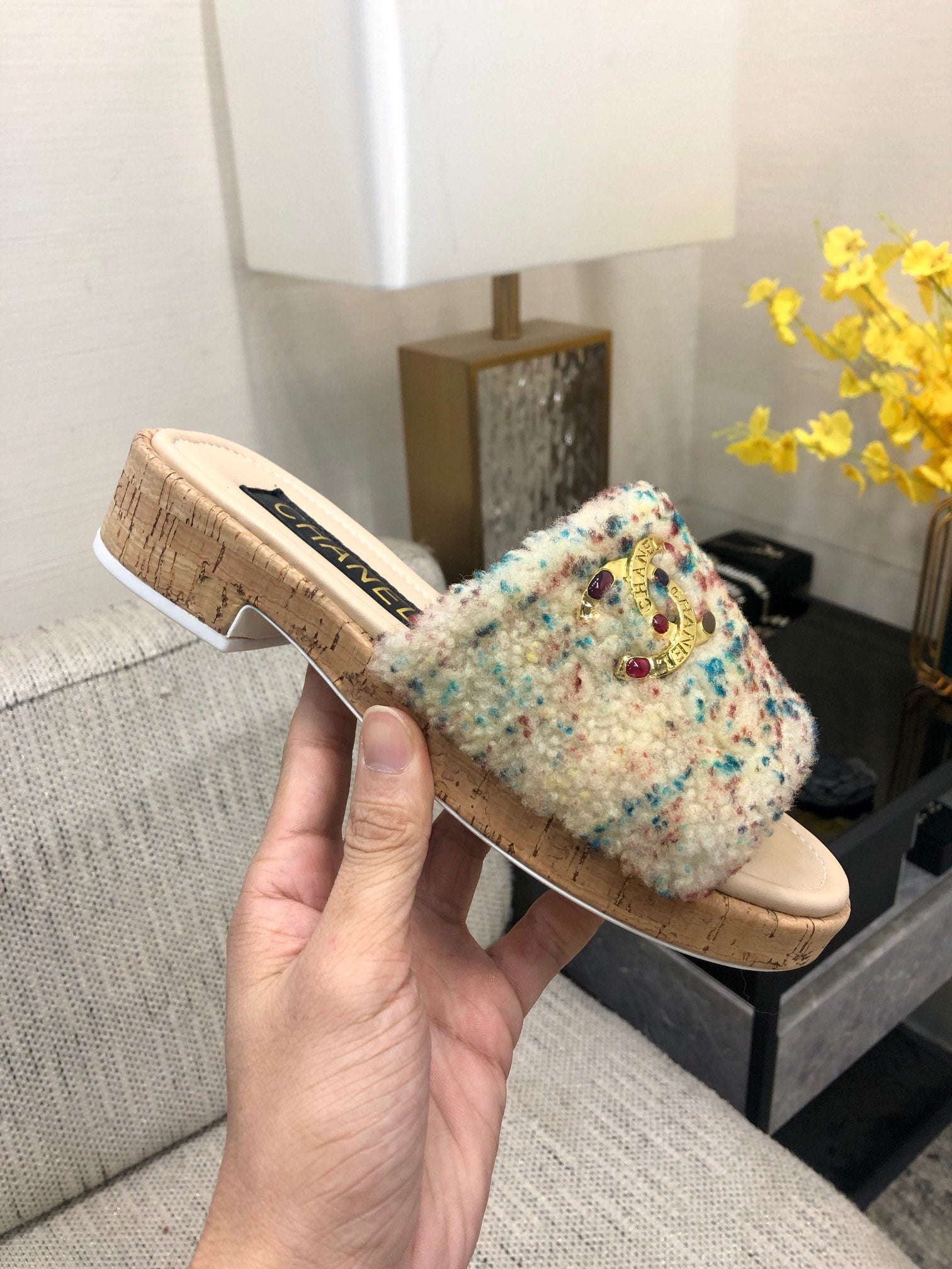 CC 26s Slippers Cream Mix Blue Red Fleece Wool Leather 970119
