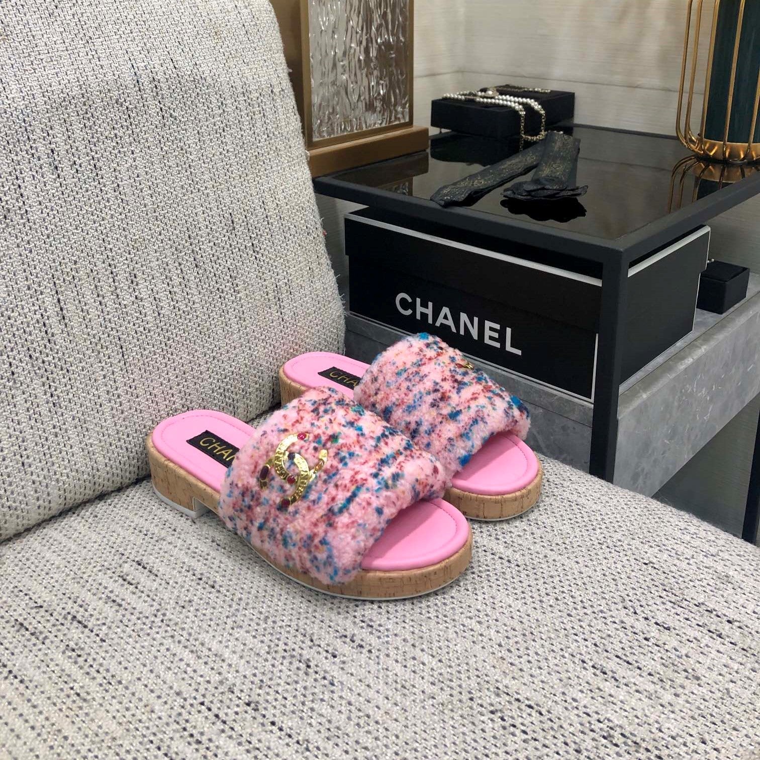 CC 26s Slippers Pink Mix Blue Red Fleece Wool Leather 970121