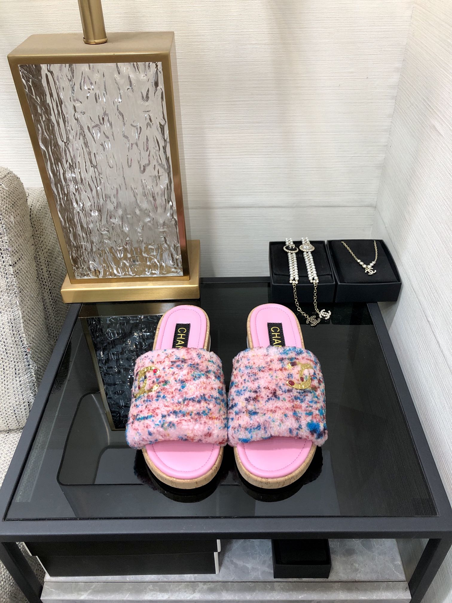 CC 26s Slippers Pink Mix Blue Red Fleece Wool Leather 970121
