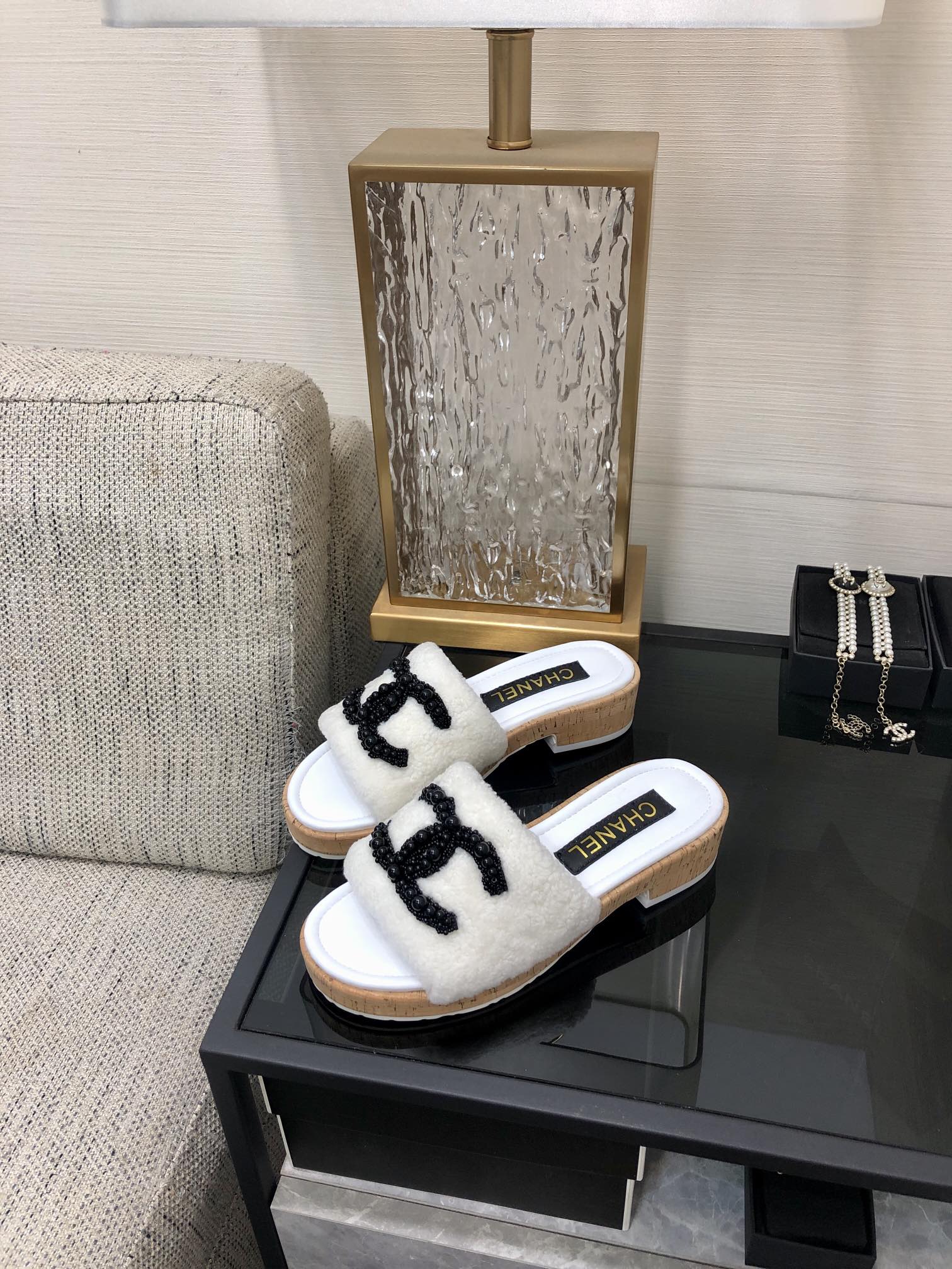 CC Pearl Plush Slides White Wool Leather 970126