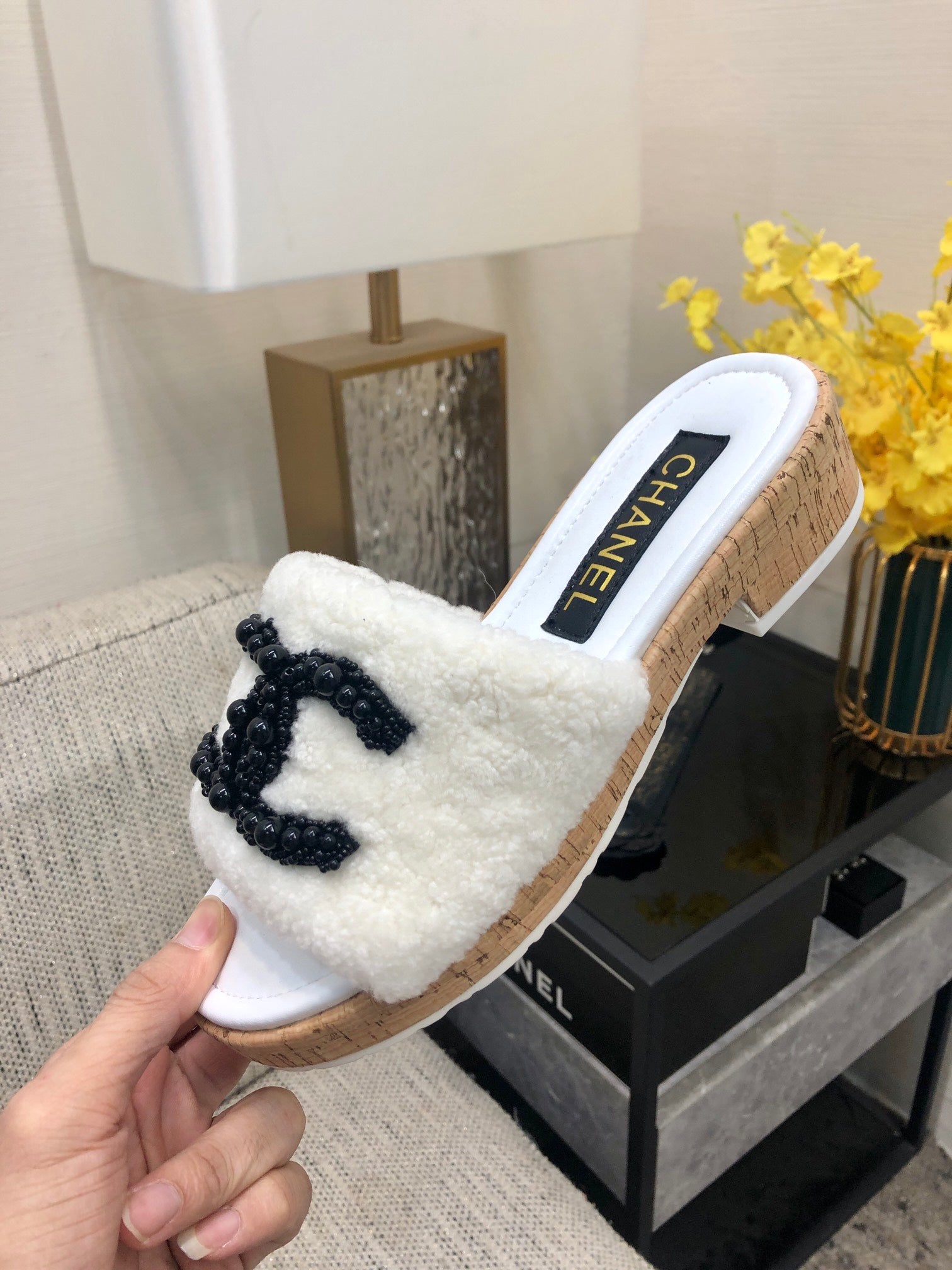 CC Pearl Plush Slides White Wool Leather 970126