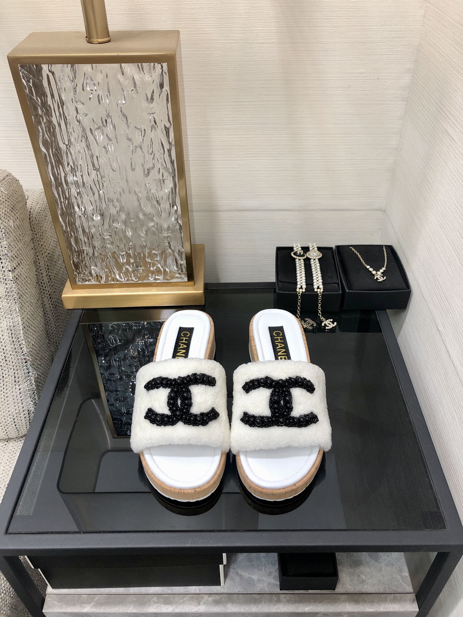 CC Pearl Plush Slides White Wool Leather 970126