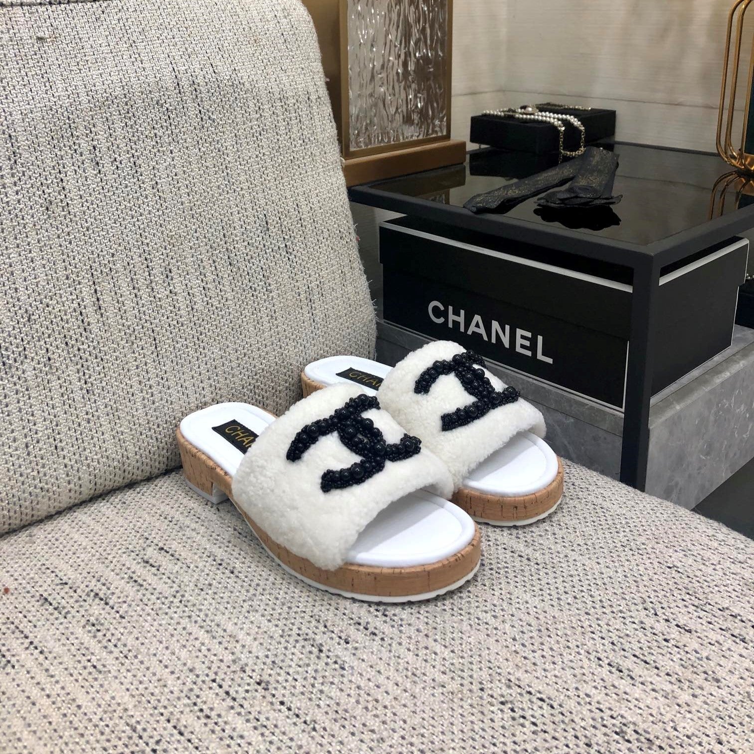 CC Pearl Plush Slides White Wool Leather 970126