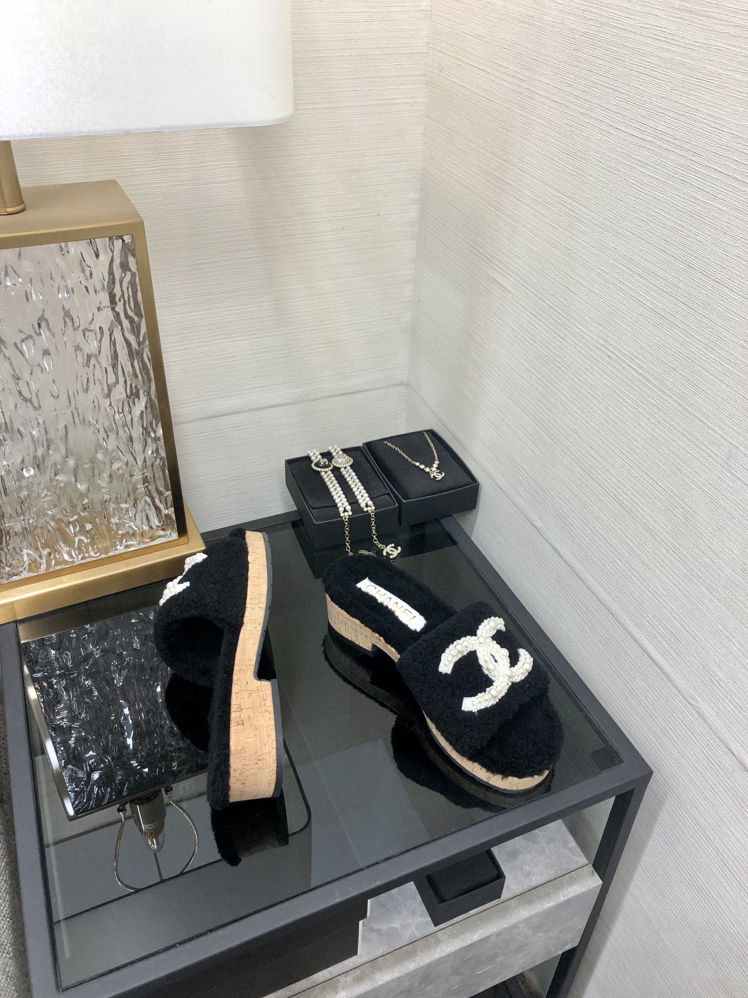 CC Pearl Plush Slides Black Wool 970128