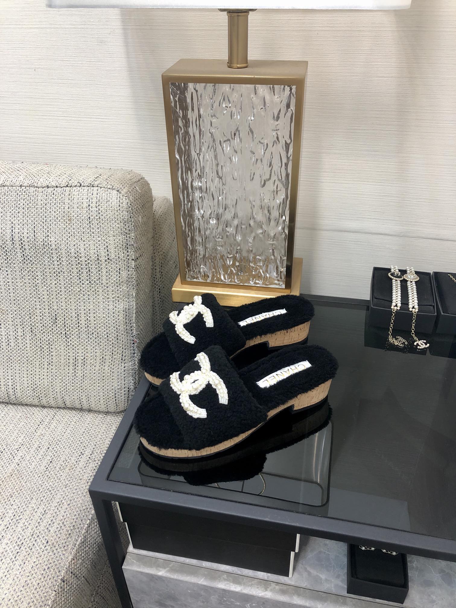CC Pearl Plush Slides Black Wool 970128