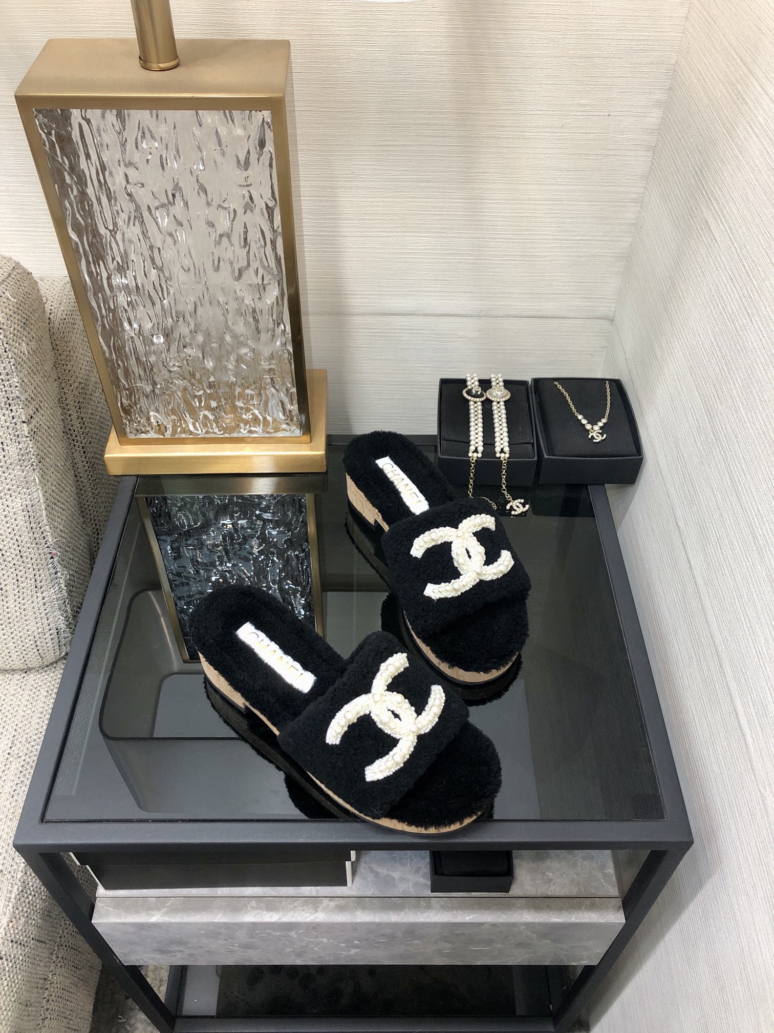 CC Pearl Plush Slides Black Wool 970128